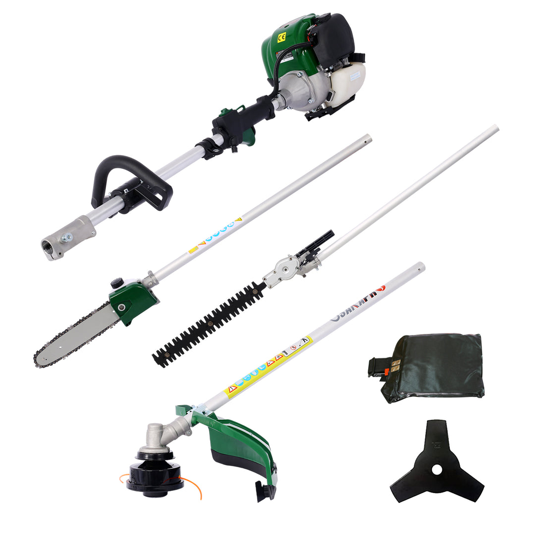 4 In 1 Multi Functional Trimming Tool, 38Cc 4 Stroke Garden Tool System With Gas Pole Saw, Hedge Trimmer, Grass Trimmer, And Brush Cutter Epa Compliant Dark Green Plastic