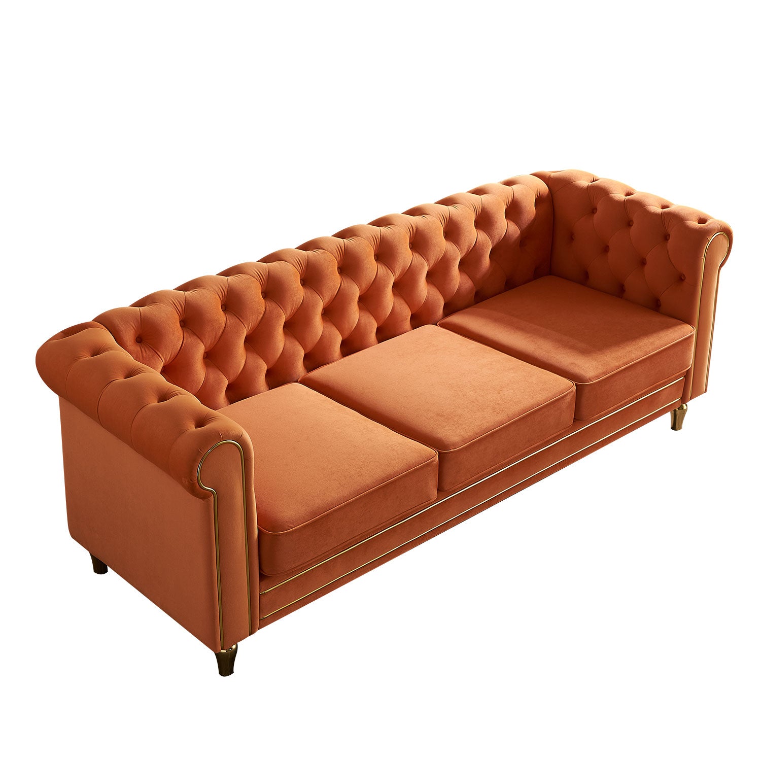 Chesterfield Velvet Sofa 84.65 Inch For Living Room Orange Color Orange Velvet Wood Primary Living Space Tufted Back Modern Rolled Arms Foam Velvet 3 Seat