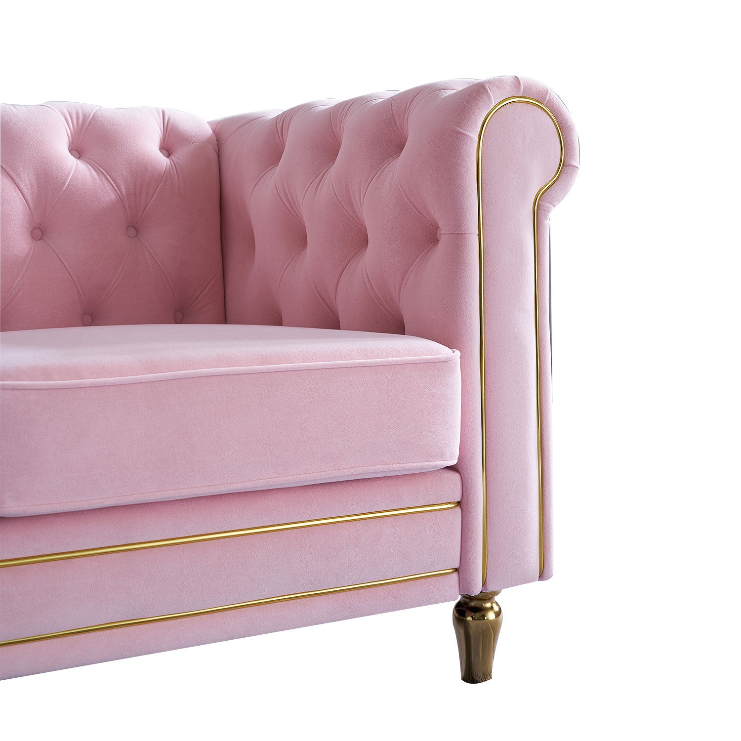 Chesterfield Velvet Sofa 84.65 Inch For Living Room Pink Color Pink Velvet Wood Primary Living Space Tufted Back Modern Rolled Arms Foam Velvet 3 Seat