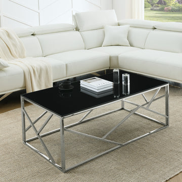 Modern Rectangular Coffee Accent Table With Black Tempered Glass Top And Stainless Steel Frame For Living Room Bedroom Polished Chrome Chrome Stainless Steel