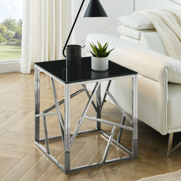 20 Inch Modern Glass End Table With Geometric Metal Frame, Accent Table Nightstand Furniture Corner Table For Living Room,Home Office,Bedroom Chrome Chrome Stainless Steel