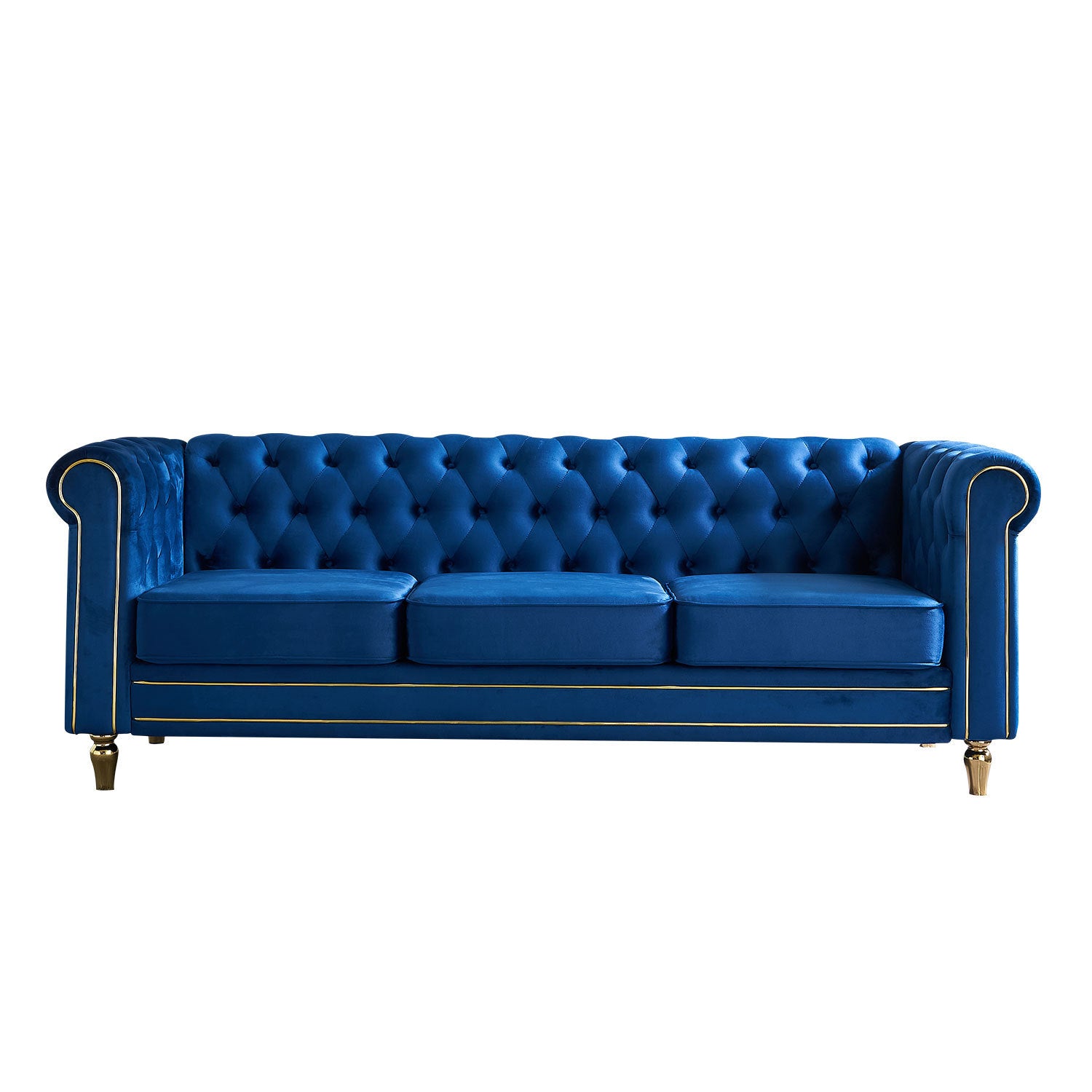 Chesterfield Velvet Sofa 84.65 Inch For Living Room Blue Color Blue Velvet Wood Primary Living Space Tufted Back Modern Rolled Arms Foam Velvet 3 Seat