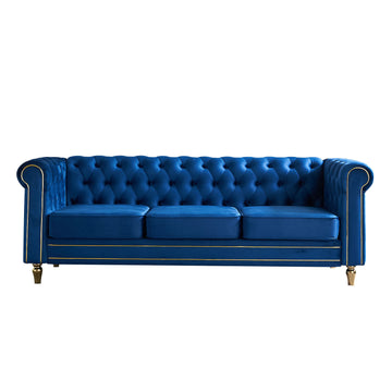 Chesterfield Velvet Sofa 84.65 Inch For Living Room Blue Color Blue Velvet Wood Primary Living Space Tufted Back Modern Rolled Arms Foam Velvet 3 Seat