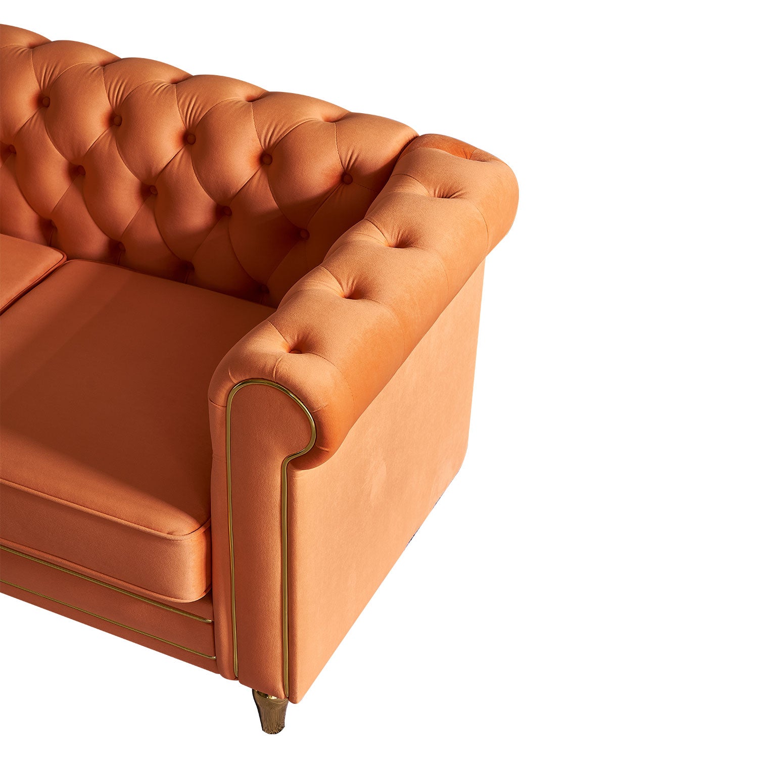 Chesterfield Velvet Sofa 84.65 Inch For Living Room Orange Color Orange Velvet Wood Primary Living Space Tufted Back Modern Rolled Arms Foam Velvet 3 Seat