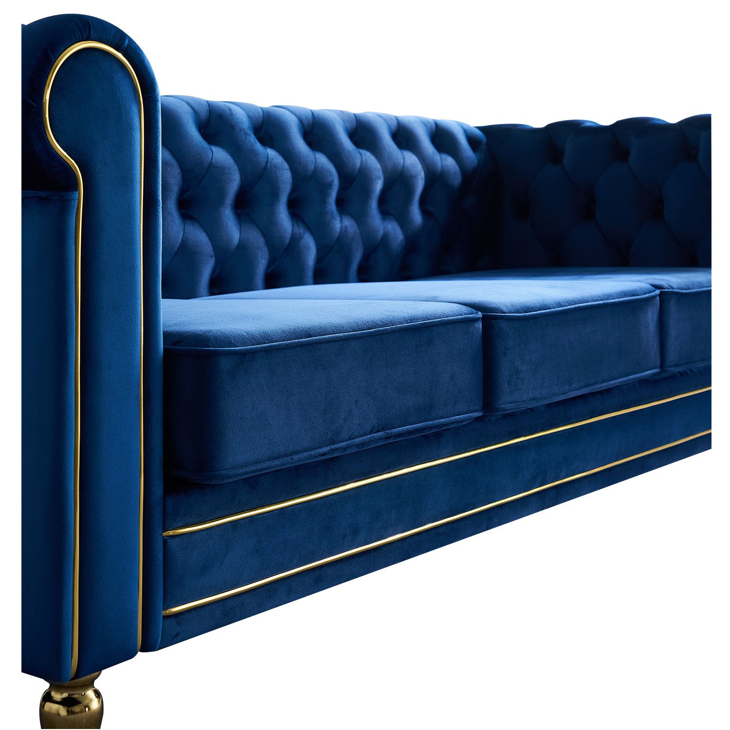 Chesterfield Velvet Sofa 84.65 Inch For Living Room Blue Color Blue Velvet Wood Primary Living Space Tufted Back Modern Rolled Arms Foam Velvet 3 Seat