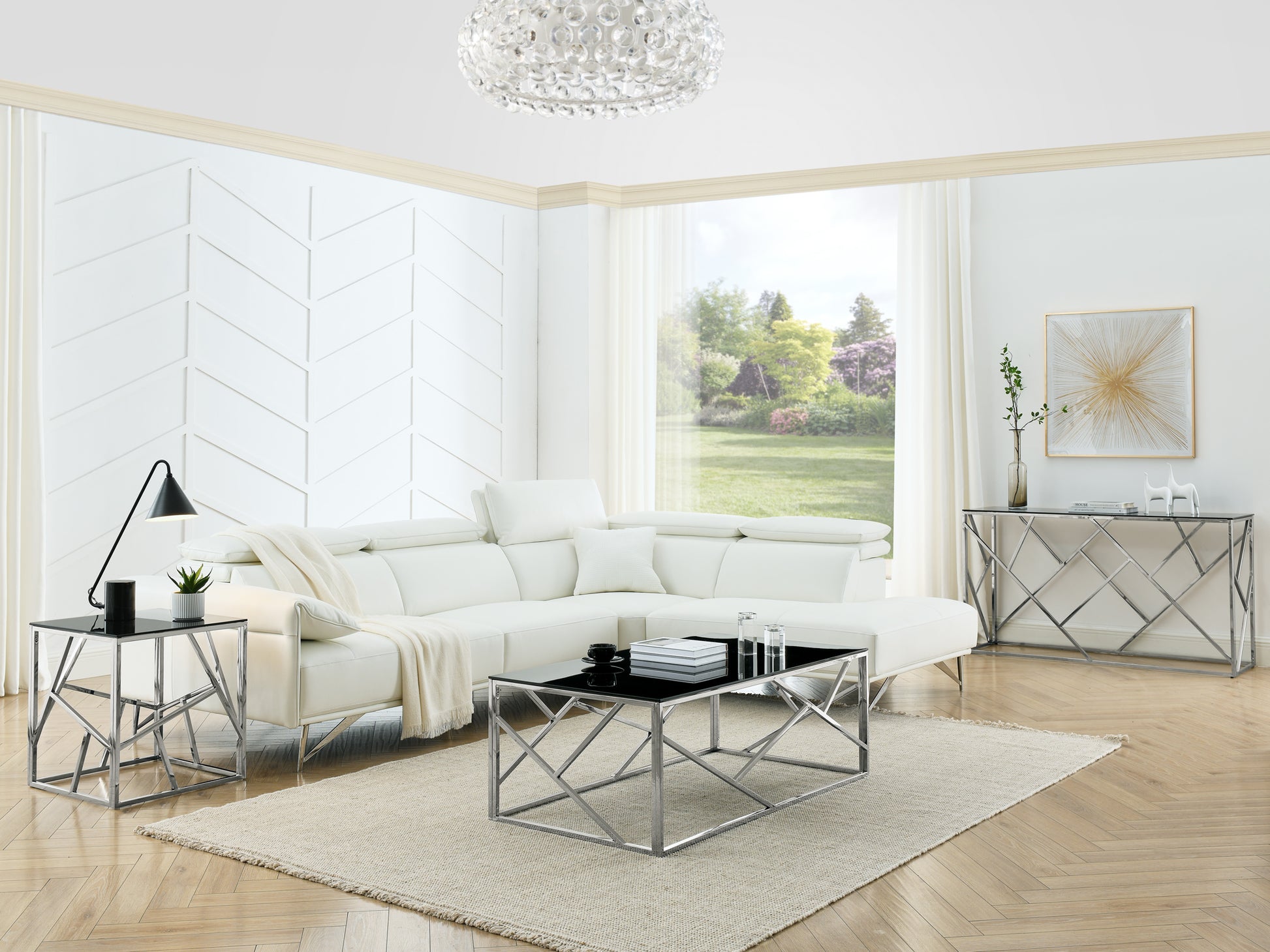 20 Inch Modern Glass End Table With Geometric Metal Frame, Accent Table Nightstand Furniture Corner Table For Living Room,Home Office,Bedroom Chrome Chrome Stainless Steel