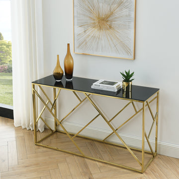 Modern Glass Console Table, 55" Gold Sofa Table With Sturdy Metal Frame And Black Tempered Glass Top, For Living Room Entryway Bedroom, Gold Finish Polished Golden Stainless Steel