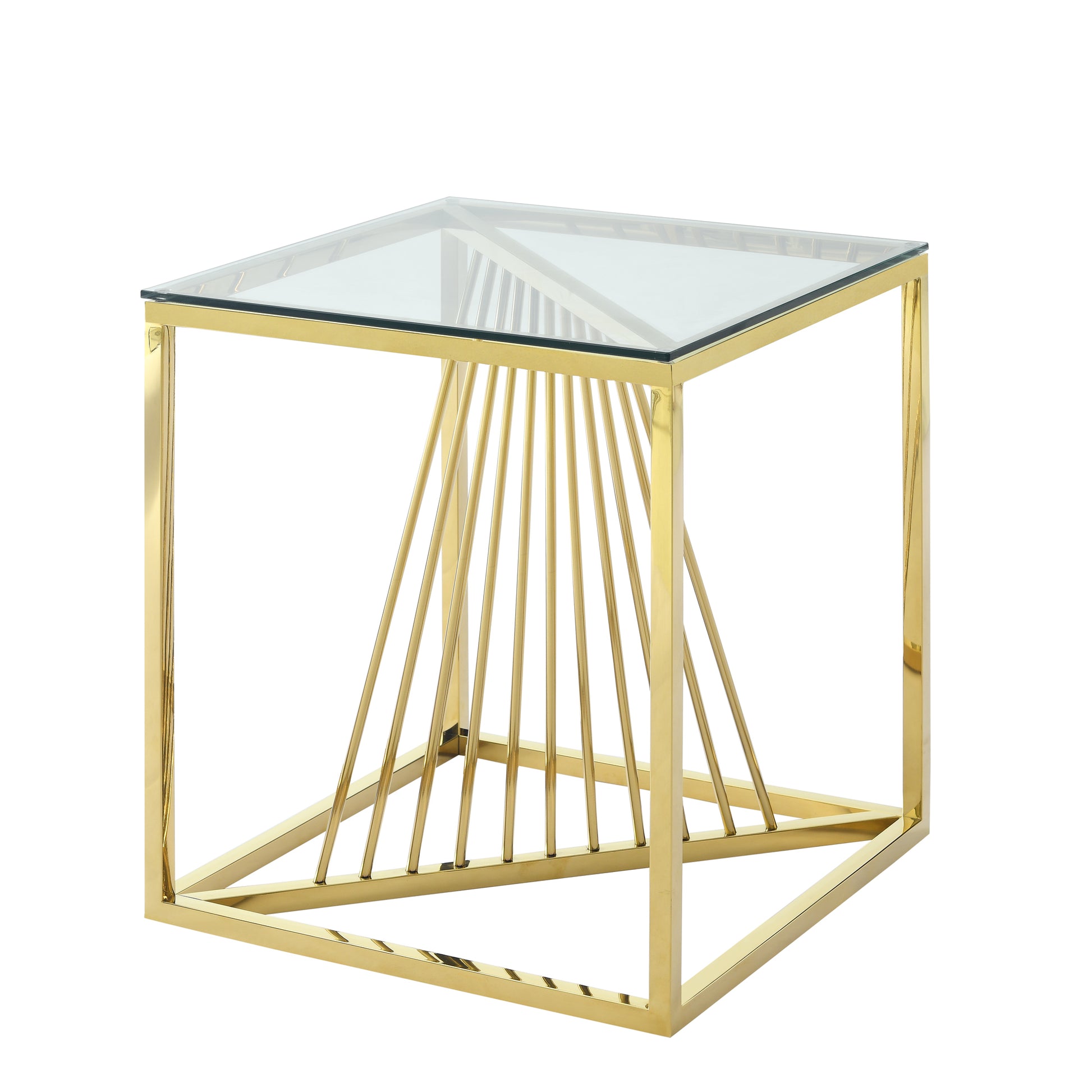 20 Inch Modern Glass End Table With Geometric Metal Frame, Accent Table Nightstand Furniture Corner Table For Living Room,Home Office,Bedroom Gold Polished Golden Stainless Steel