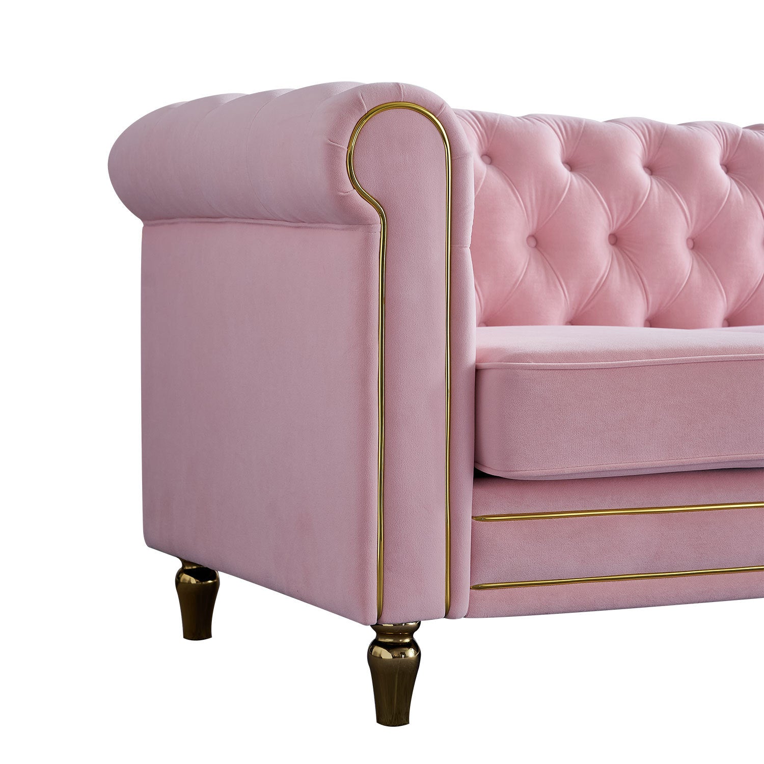 Chesterfield Velvet Sofa 84.65 Inch For Living Room Pink Color Pink Velvet Wood Primary Living Space Tufted Back Modern Rolled Arms Foam Velvet 3 Seat