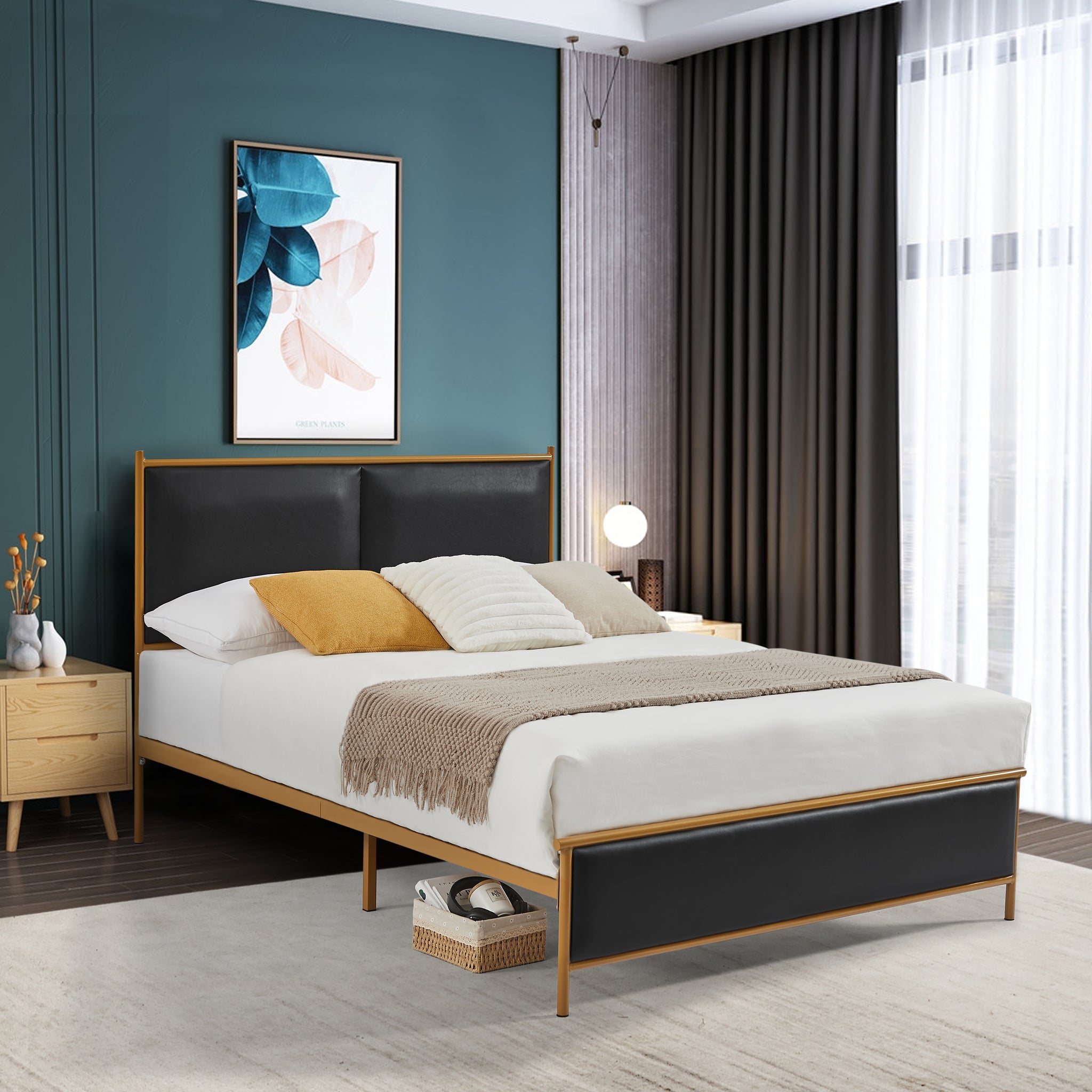 Black, Full Size Bed. Classic Steamed Bread Shaped Backrest, Metal Frame, Solid Wood Ribs, Sponge Soft Bag, Comfortable And Elegant Atmosphere Black Foam Metal & Wood