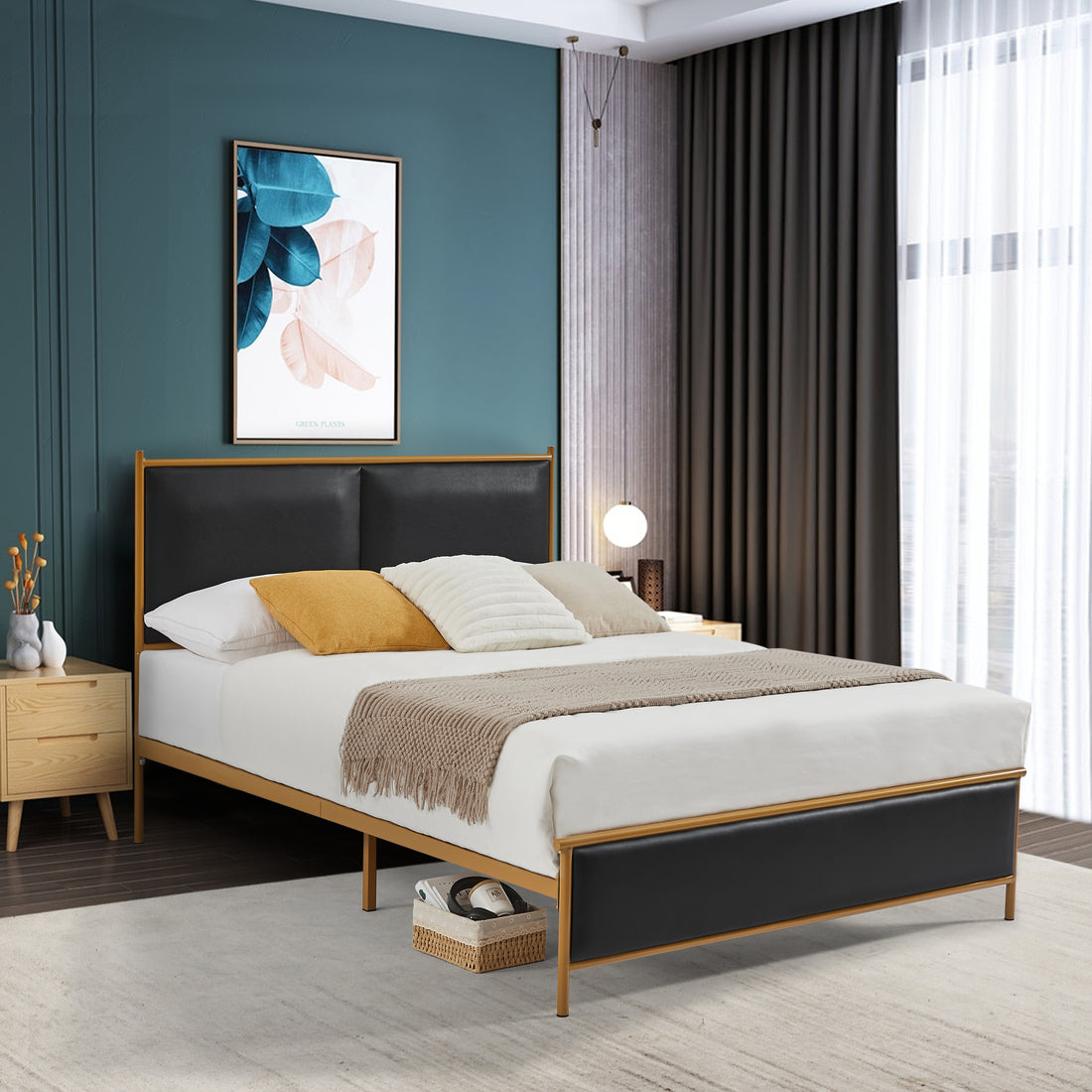 Black, Full Size Bed. Classic Steamed Bread Shaped Backrest, Metal Frame, Solid Wood Ribs, Sponge Soft Bag, Comfortable And Elegant Atmosphere Black Foam Metal & Wood