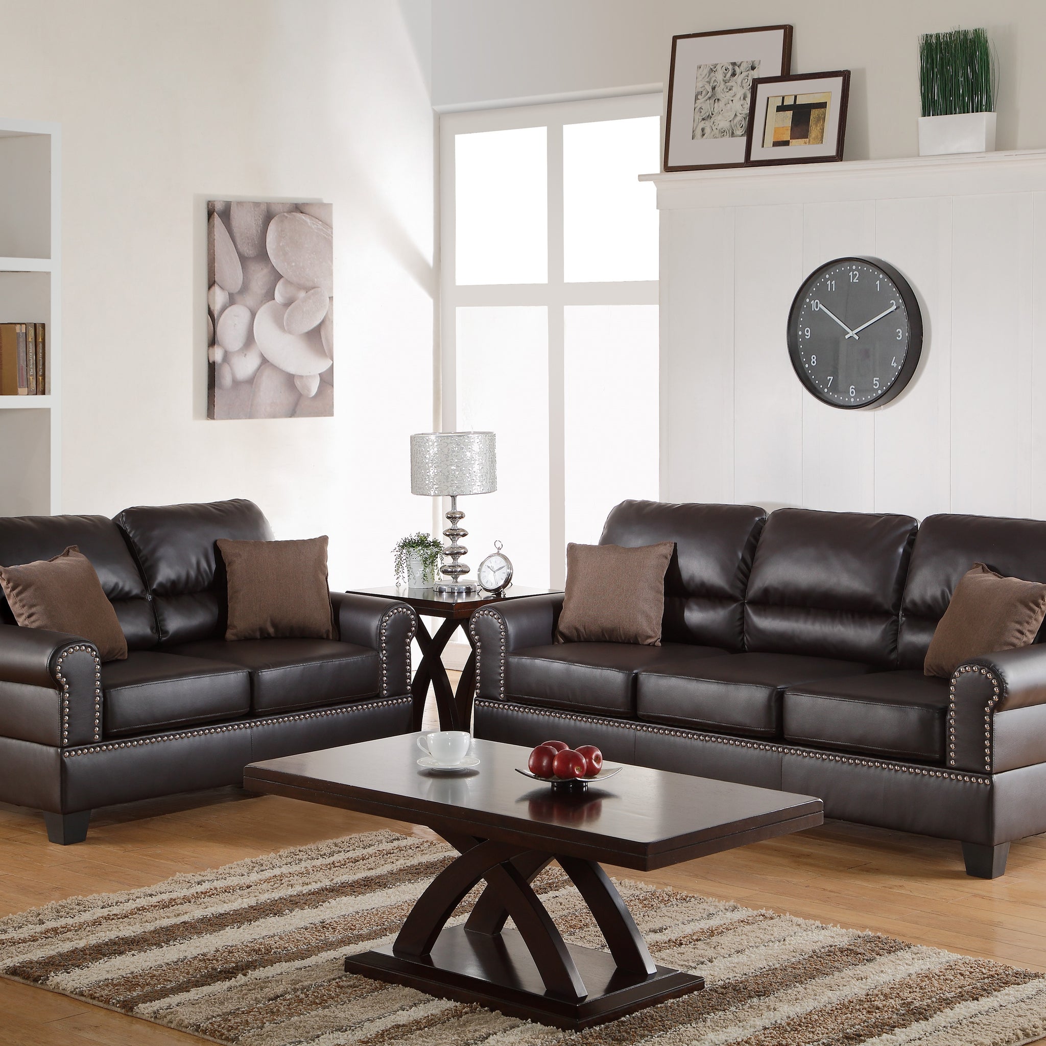 Espresso Faux Leather 2Pc Sofa Set Sofa And Loveseat Elegant Plush Contemporary Couch Living Room Furniture Espresso Espresso Faux Leather Wood Primary Living Space Cushion Back Classic,Contemporary,Modern Rolled Arms Foam Bonded Leather 5 Seat