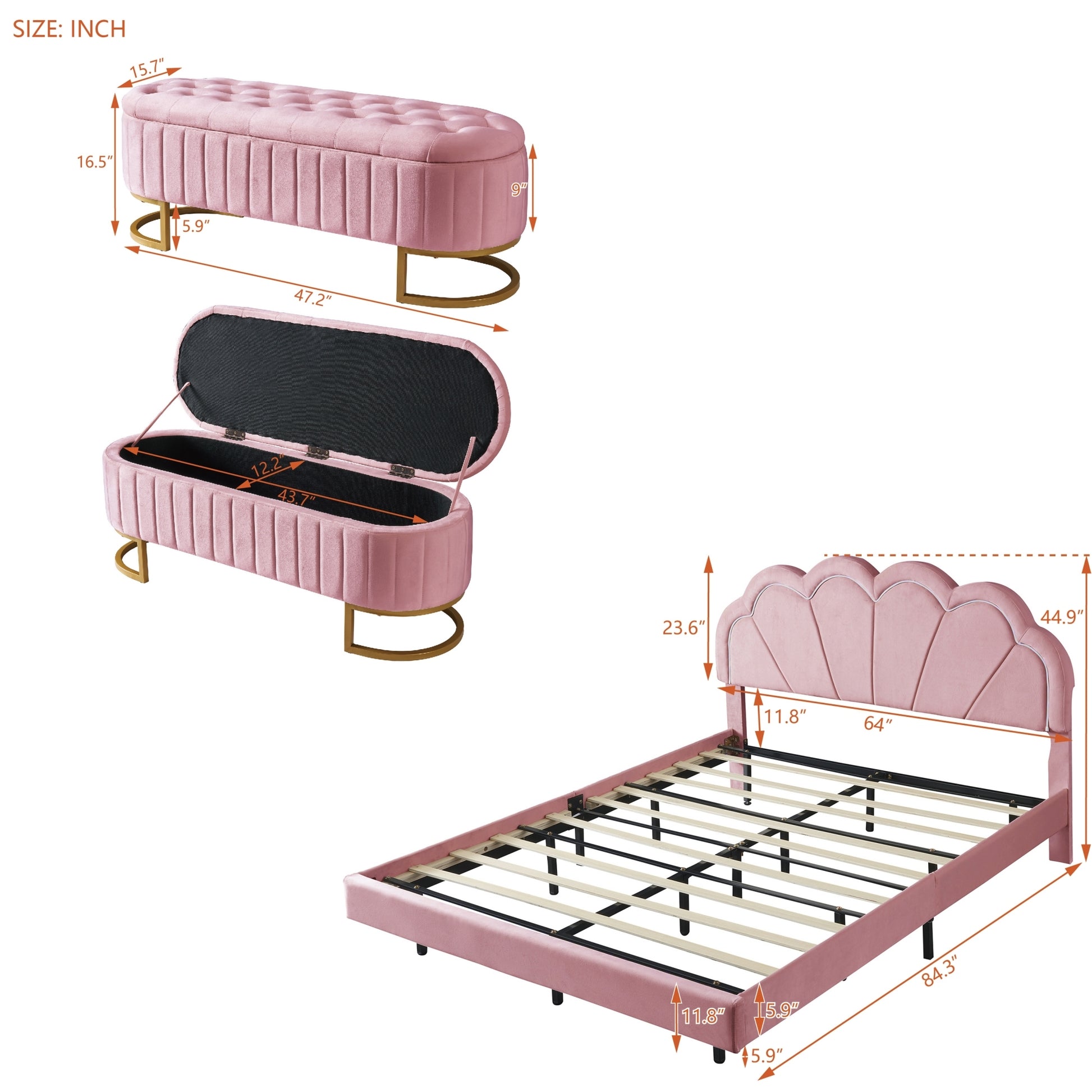 2 Pieces Bedroom Sets,Queen Size Upholstered Led Platform Bed With Storage Ottoman Velvet,Pink Pink Velvet