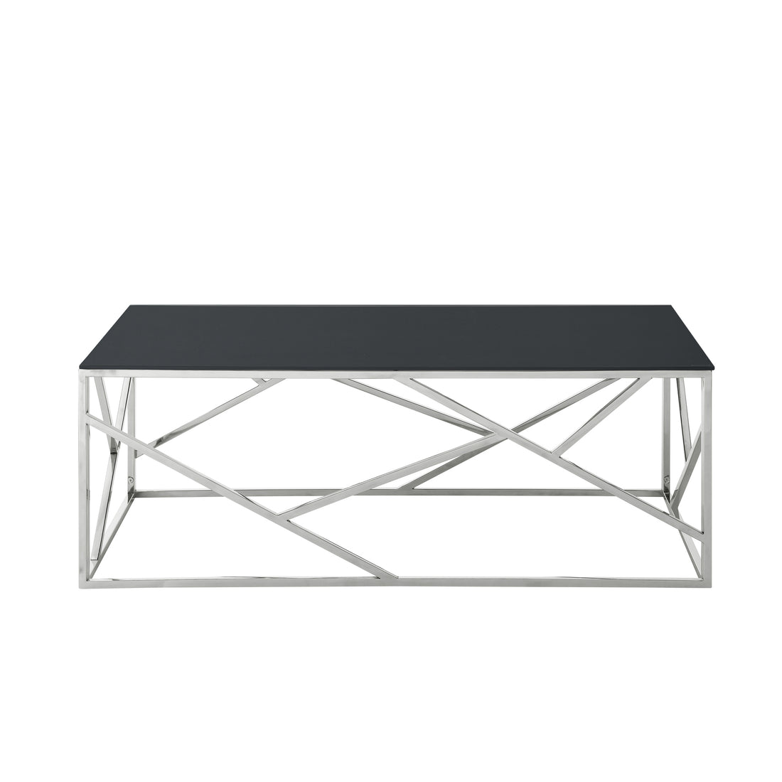 Modern Rectangular Coffee Accent Table With Black Tempered Glass Top And Stainless Steel Frame For Living Room Bedroom Polished Chrome Chrome Stainless Steel