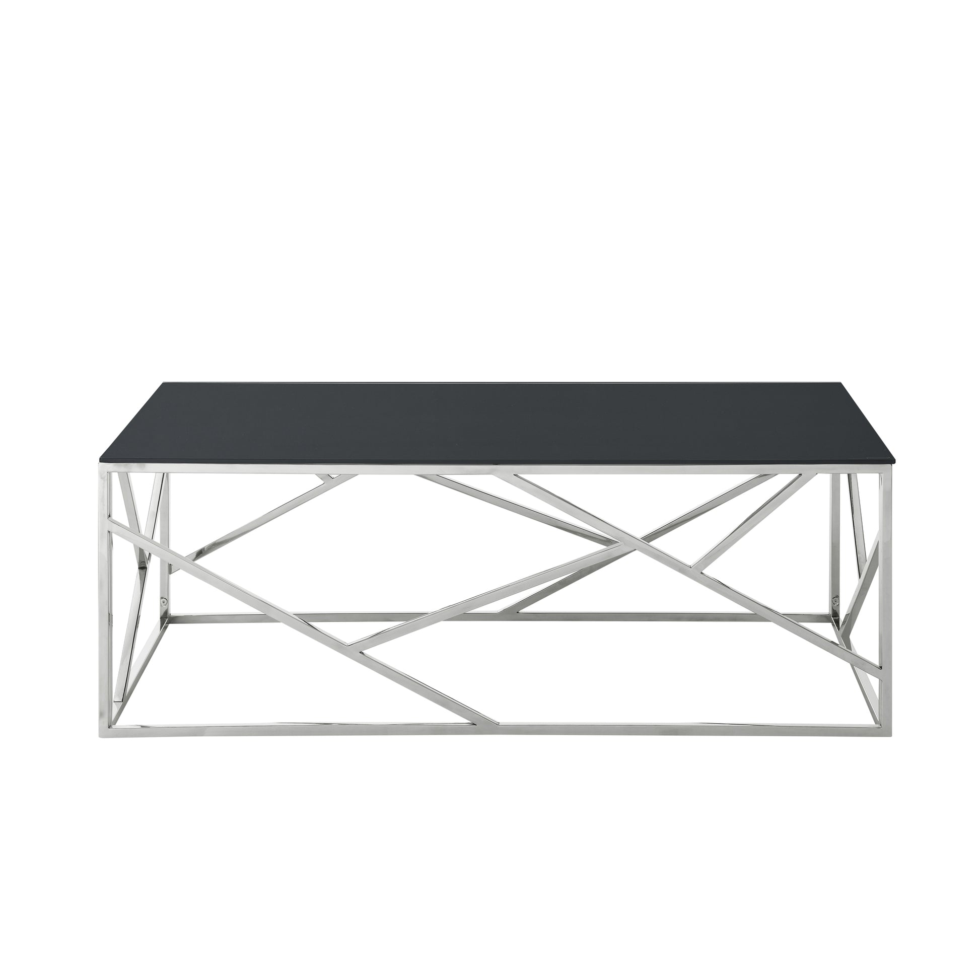 Modern Rectangular Coffee Accent Table With Black Tempered Glass Top And Stainless Steel Frame For Living Room Bedroom Polished Chrome Chrome Stainless Steel
