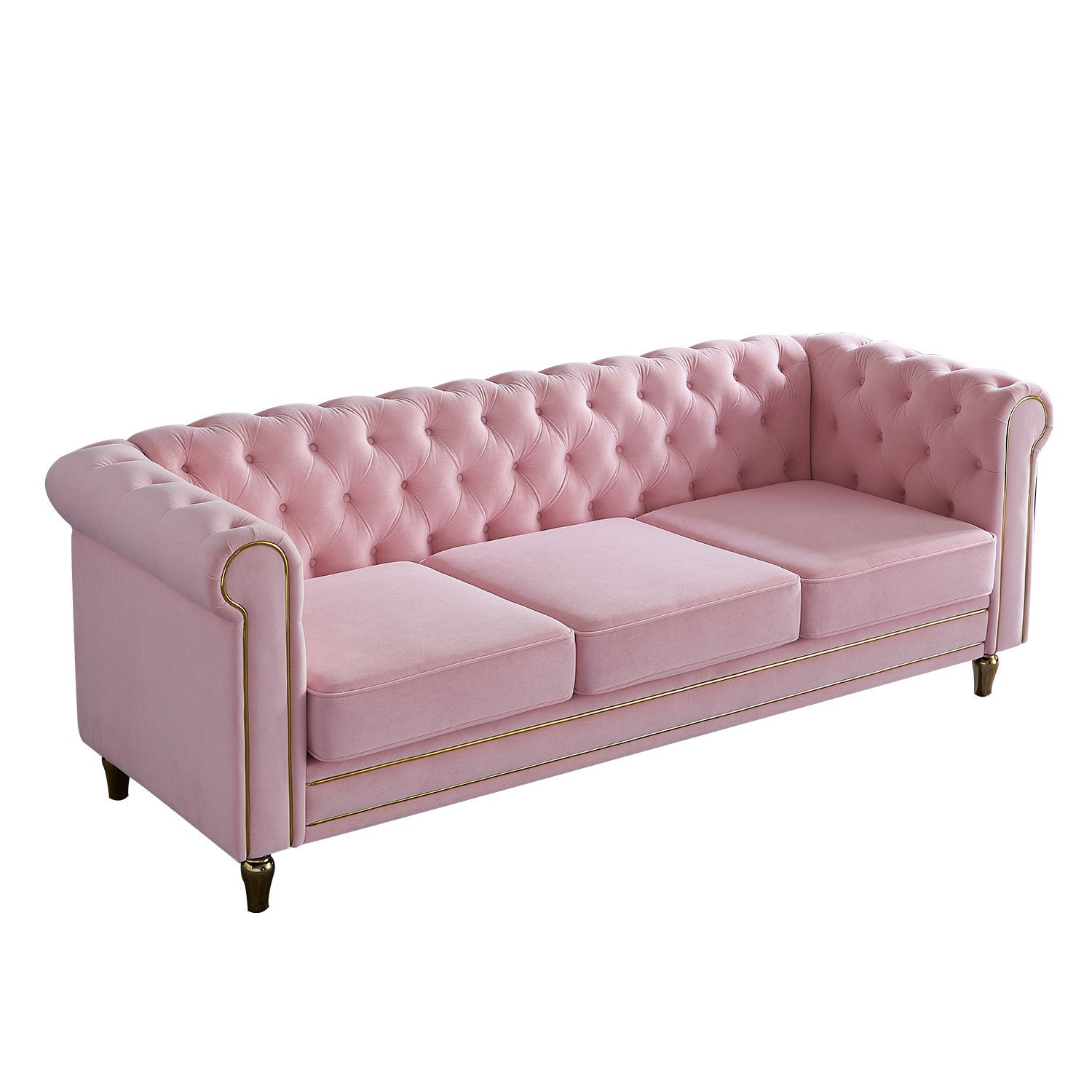 Chesterfield Velvet Sofa 84.65 Inch For Living Room Pink Color Pink Velvet Wood Primary Living Space Tufted Back Modern Rolled Arms Foam Velvet 3 Seat