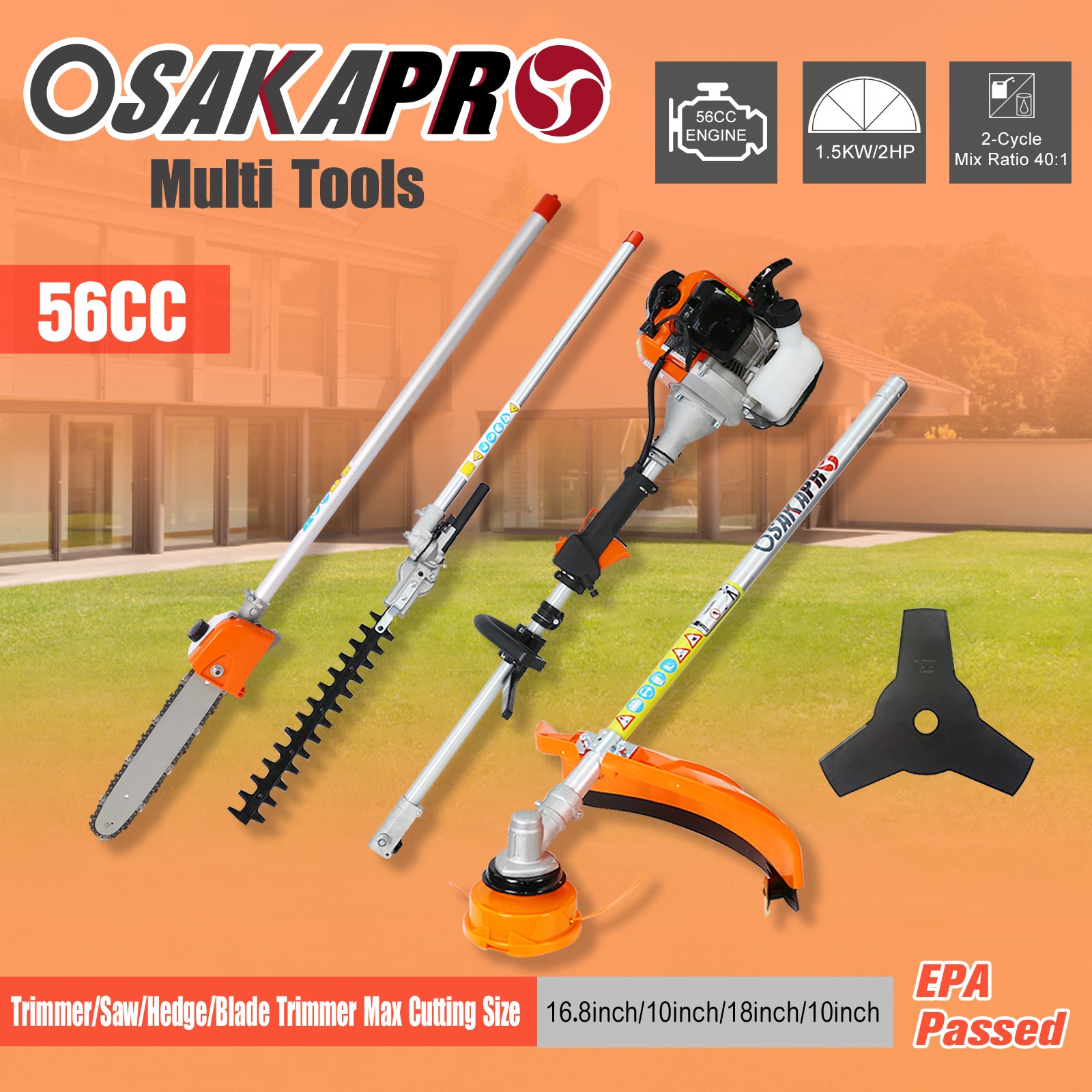 4 In 1 Multi Functional Trimming Tool, 56Cc 2 Cycle Garden Tool System With Gas Pole Saw, Hedge Trimmer, Grass Trimmer, And Brush Cutter Epa Compliant Orange Plastic