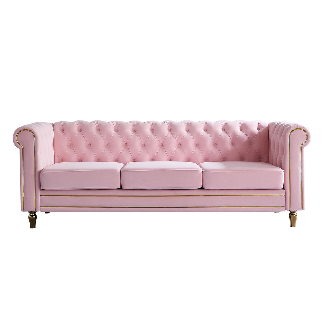 Chesterfield Velvet Sofa 84.65 Inch For Living Room Pink Color Pink Velvet Wood Primary Living Space Tufted Back Modern Rolled Arms Foam Velvet 3 Seat