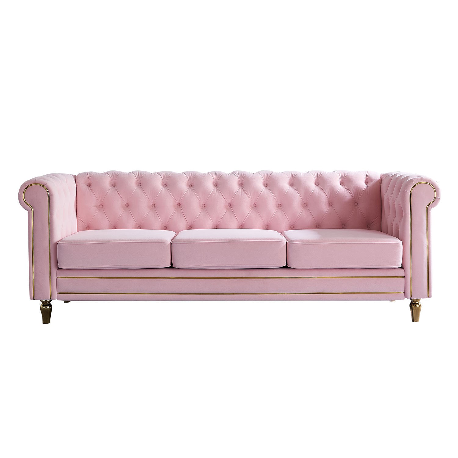 Chesterfield Velvet Sofa 84.65 Inch For Living Room Pink Color Pink Velvet Wood Primary Living Space Tufted Back Modern Rolled Arms Foam Velvet 3 Seat