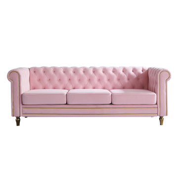 Chesterfield Velvet Sofa 84.65 Inch For Living Room Pink Color Pink Velvet Wood Primary Living Space Tufted Back Modern Rolled Arms Foam Velvet 3 Seat