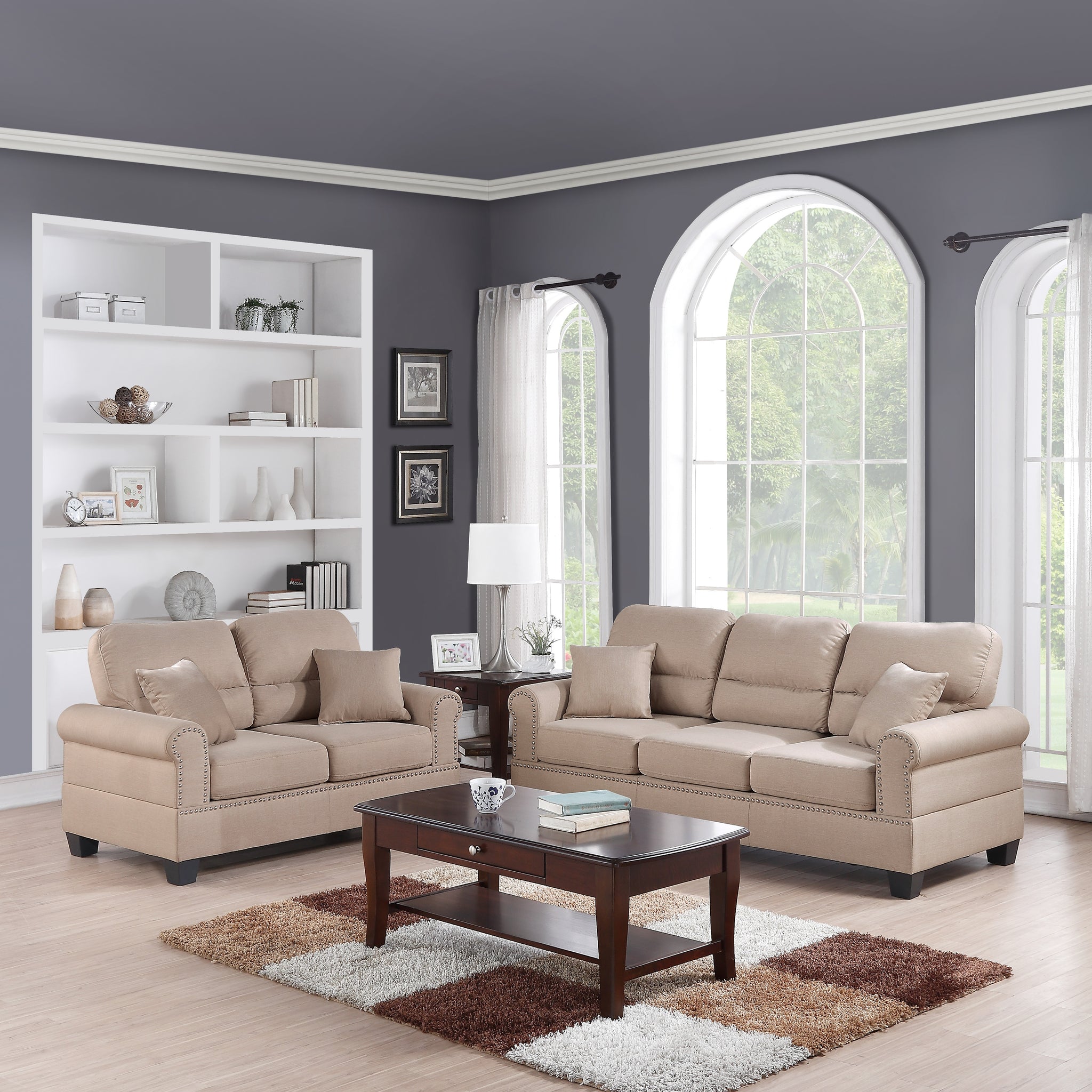 Sand Polyfiber Linen Like Fabric 2Pc Sofa Set Sofa And Loveseat Elegant Plush Contemporary Couch Living Room Furniture Desert Sand Linen Wood Primary Living Space Cushion Back Classic,Contemporary,Modern Rolled Arms Foam Fabric 5 Seat