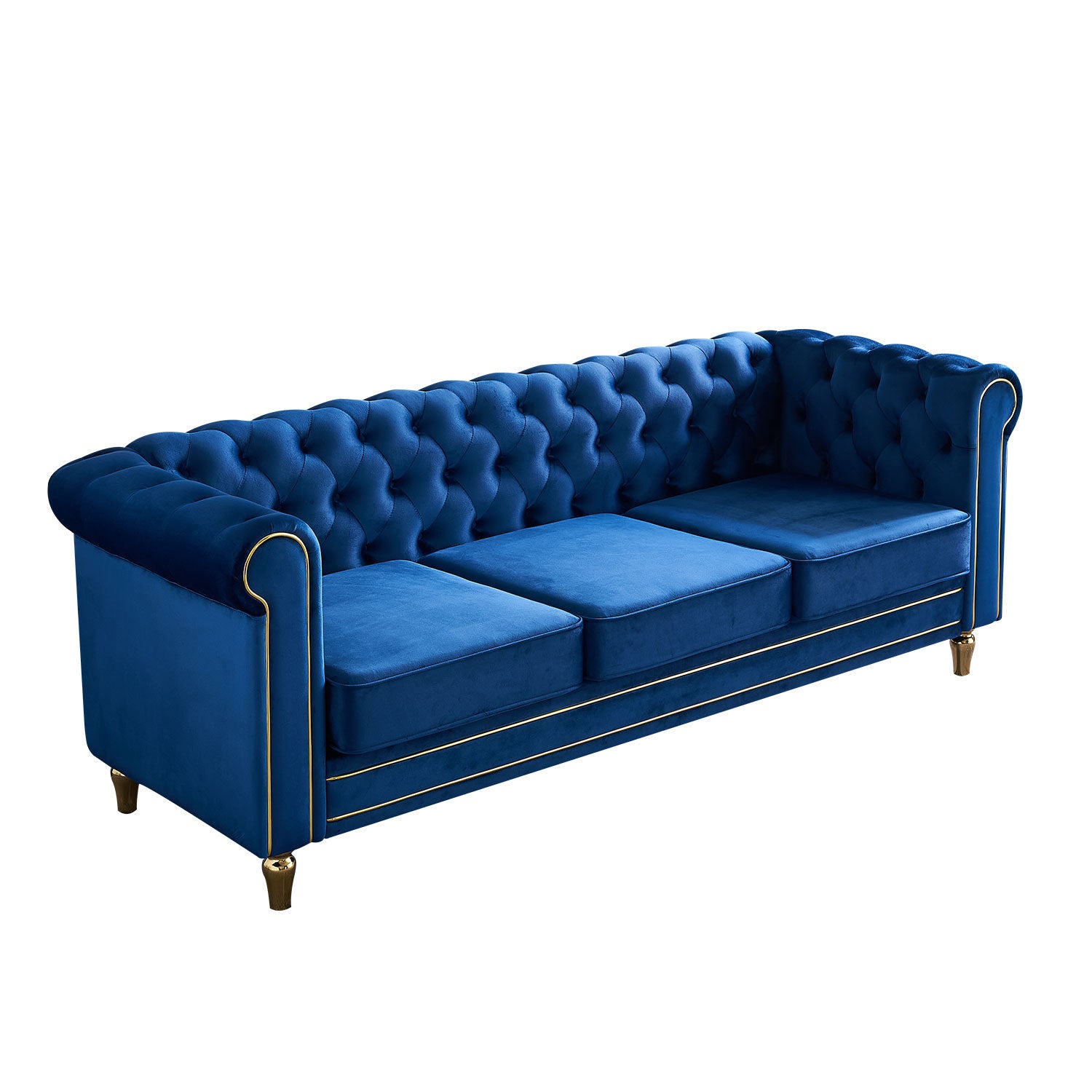 Chesterfield Velvet Sofa 84.65 Inch For Living Room Blue Color Blue Velvet Wood Primary Living Space Tufted Back Modern Rolled Arms Foam Velvet 3 Seat