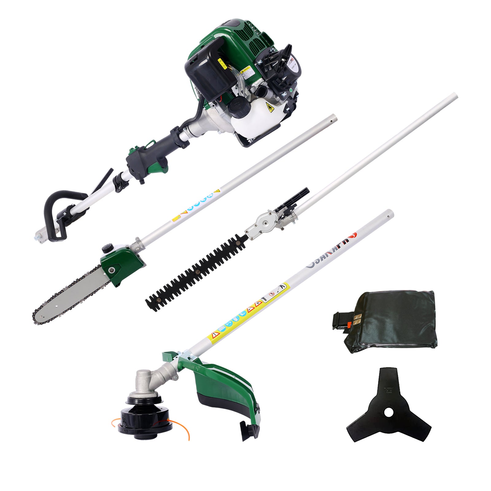 4 In 1 Multi Functional Trimming Tool, 31Cc 4 Cycle Garden Tool System With Gas Pole Saw, Hedge Trimmer, Grass Trimmer, And Brush Cutter Epa Compliant Dark Green Plastic