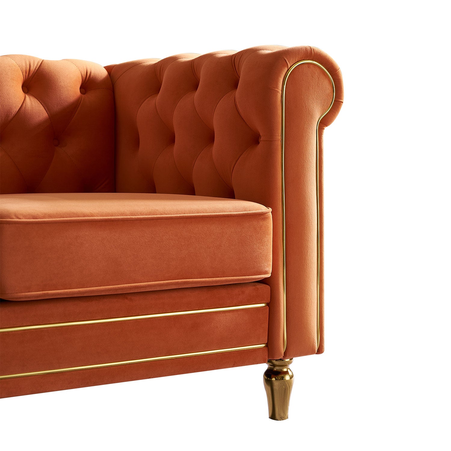 Chesterfield Velvet Sofa 84.65 Inch For Living Room Orange Color Orange Velvet Wood Primary Living Space Tufted Back Modern Rolled Arms Foam Velvet 3 Seat