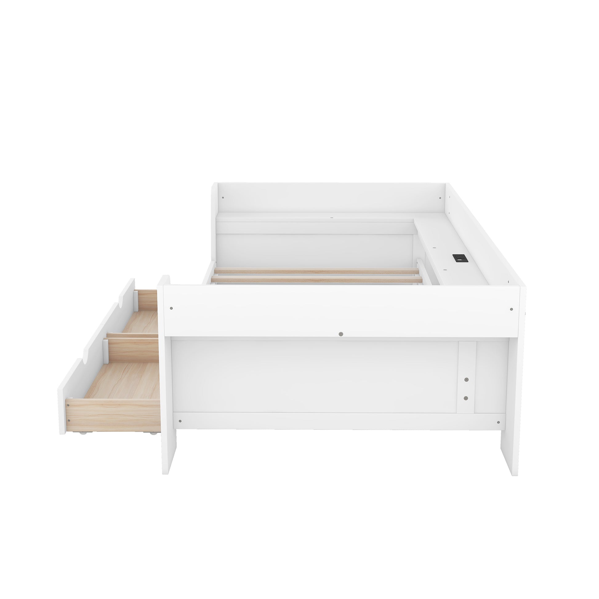 Twin Size Daybed With Shelves, Drawers And Built In Charging Station, White White Pine