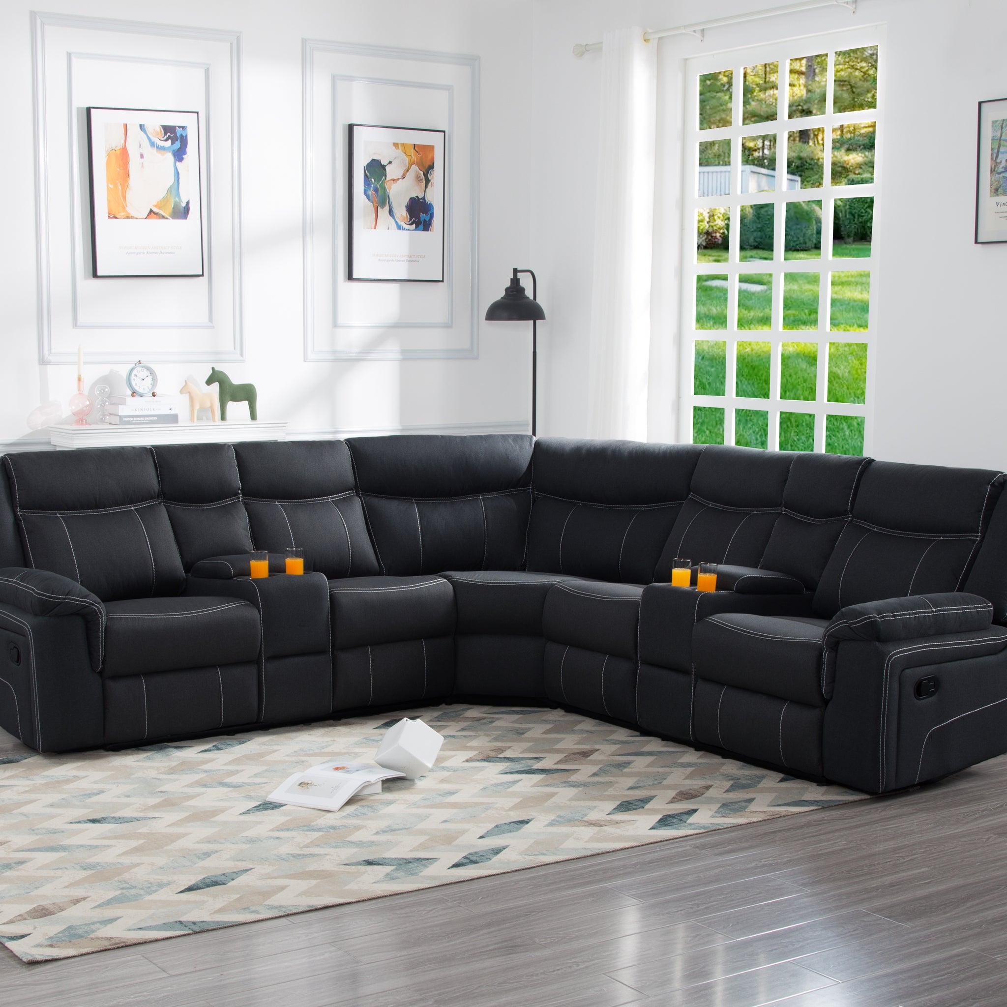 109.4'' Manual Reclining Sectional Sofa Black Black Polyester Blend 5 Seat