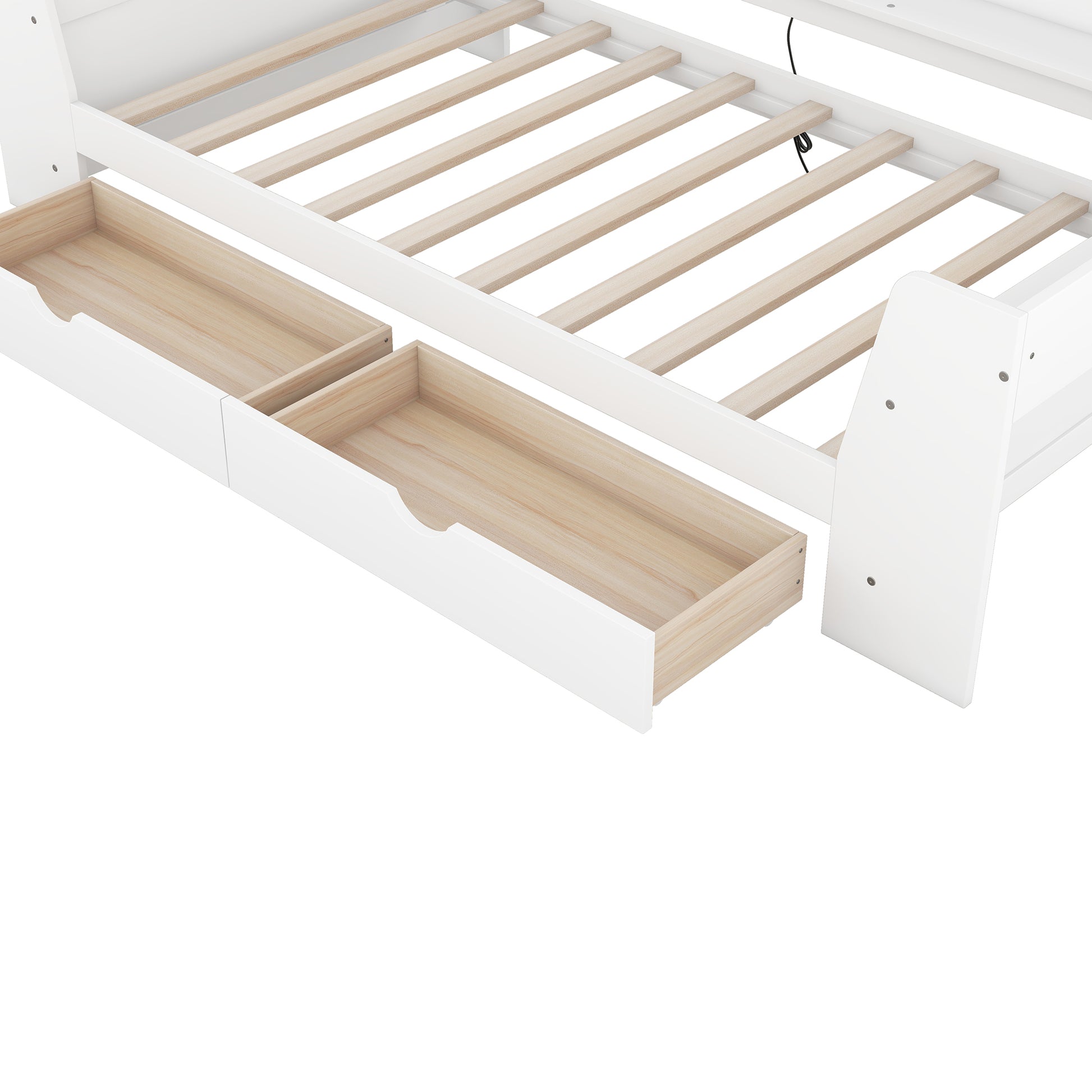 Twin Size Daybed With Shelves, Drawers And Built In Charging Station, White White Pine
