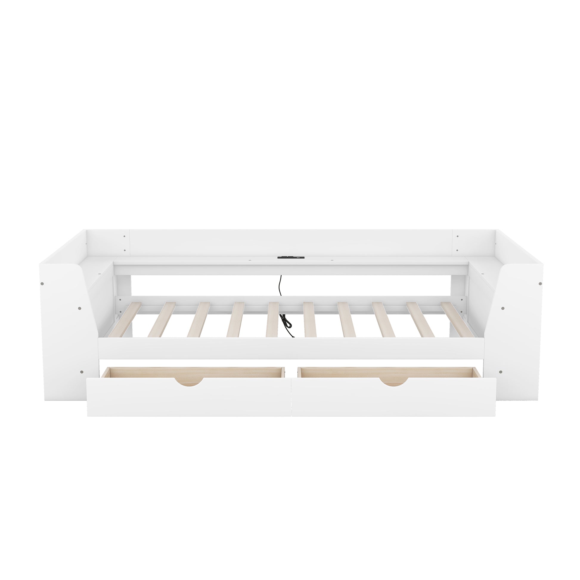 Twin Size Daybed With Shelves, Drawers And Built In Charging Station, White White Pine