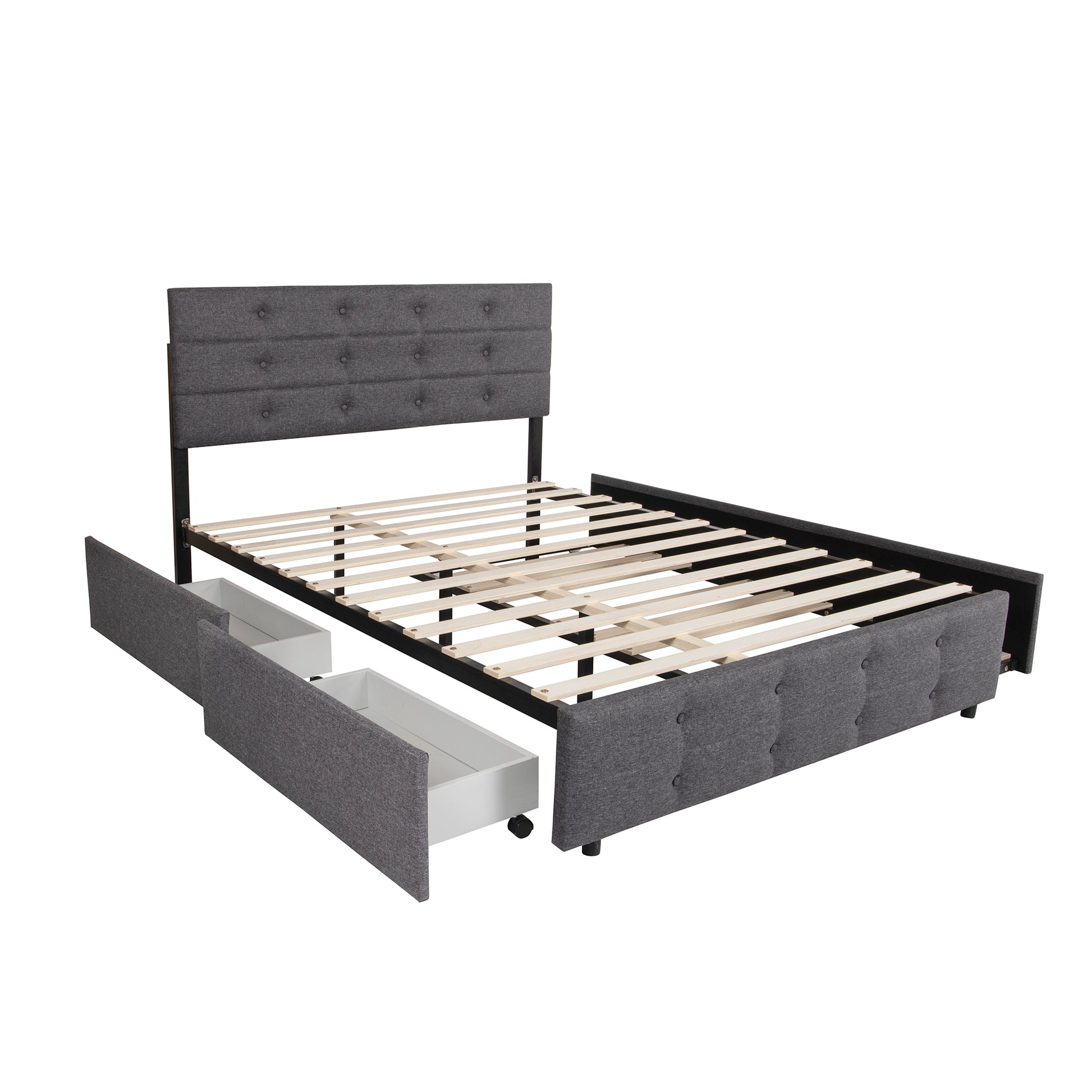Queen Size Upholstered Linen Fabric Trundle Bed With Drawers Grey Box Spring Not Required Queen Grey Wood Bedroom American Design Bed Frame Linen Linen
