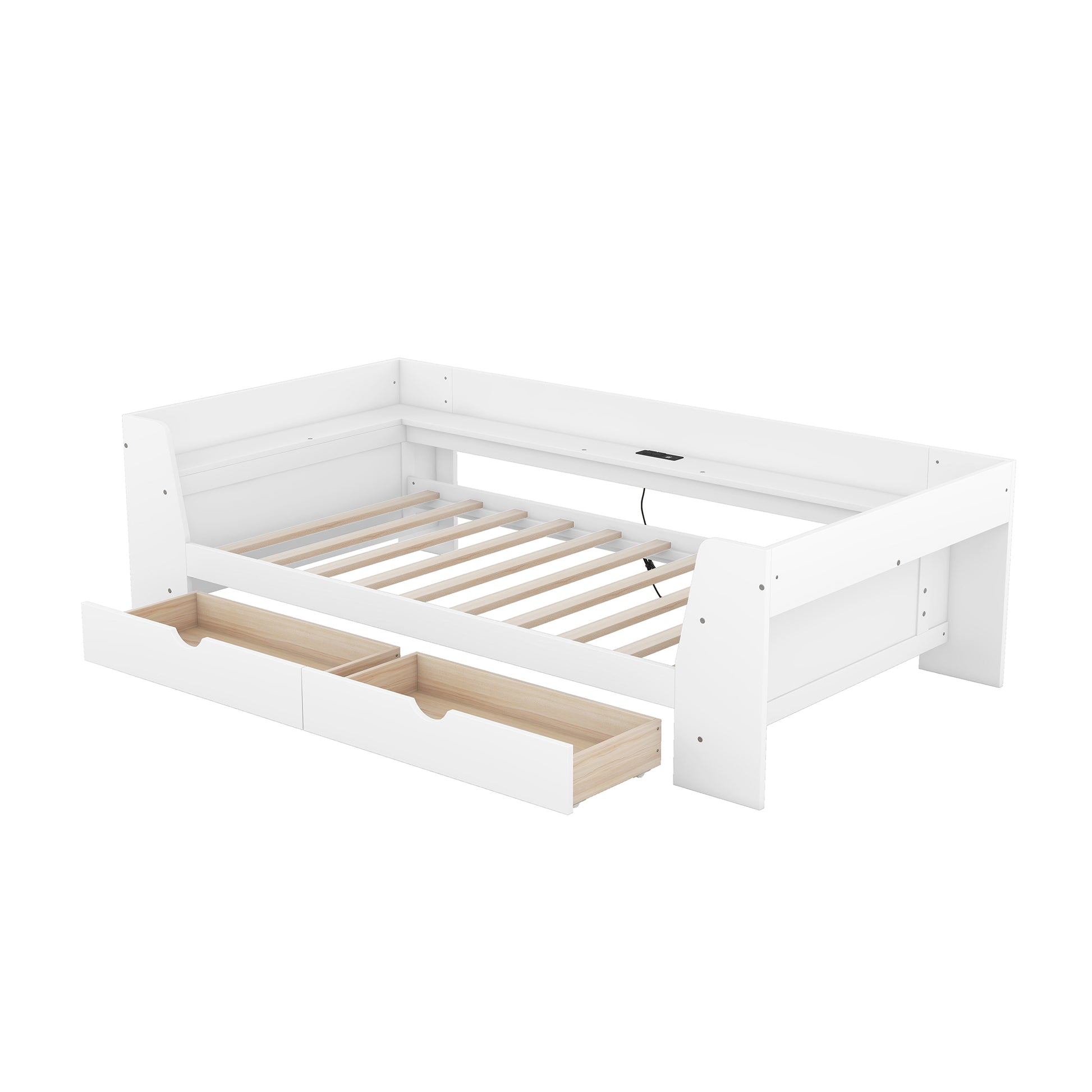 Twin Size Daybed With Shelves, Drawers And Built In Charging Station, White White Pine