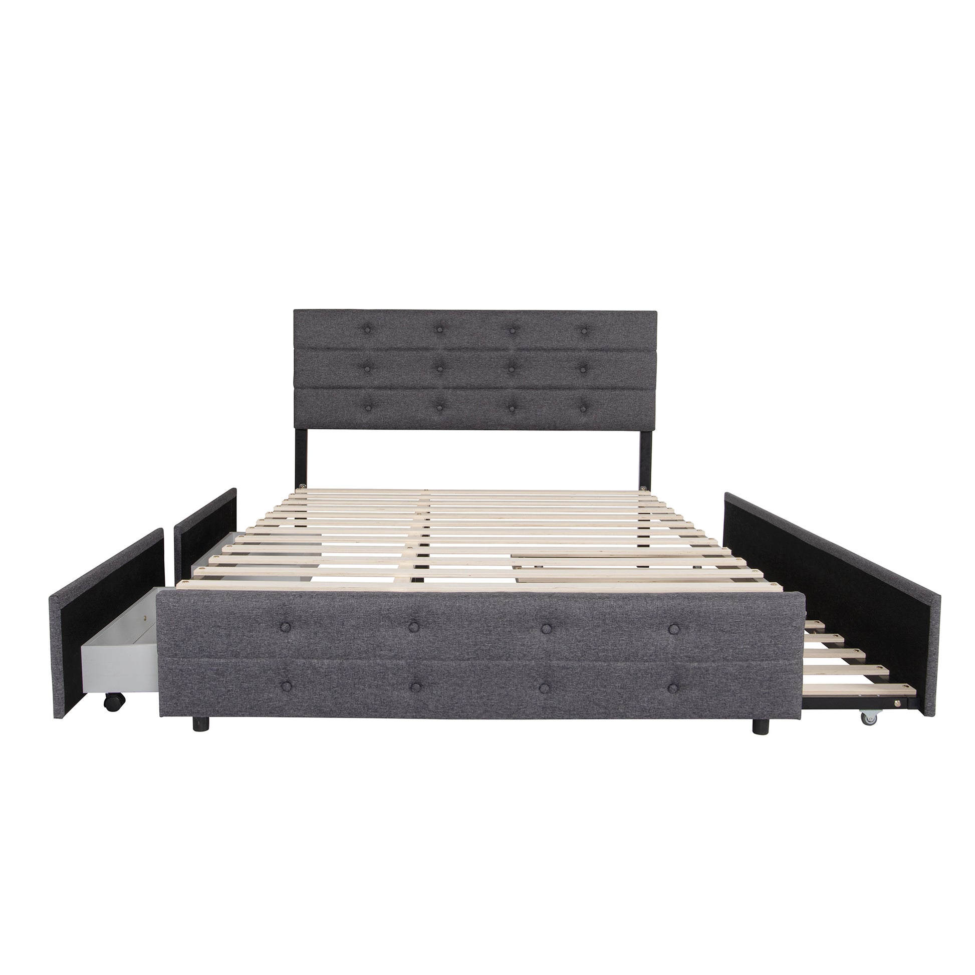 Queen Size Upholstered Linen Fabric Trundle Bed With Drawers Grey Box Spring Not Required Queen Grey Wood Bedroom American Design Bed Frame Linen Linen