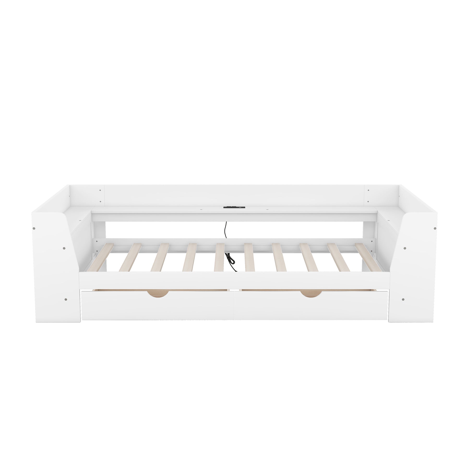 Twin Size Daybed With Shelves, Drawers And Built In Charging Station, White White Pine