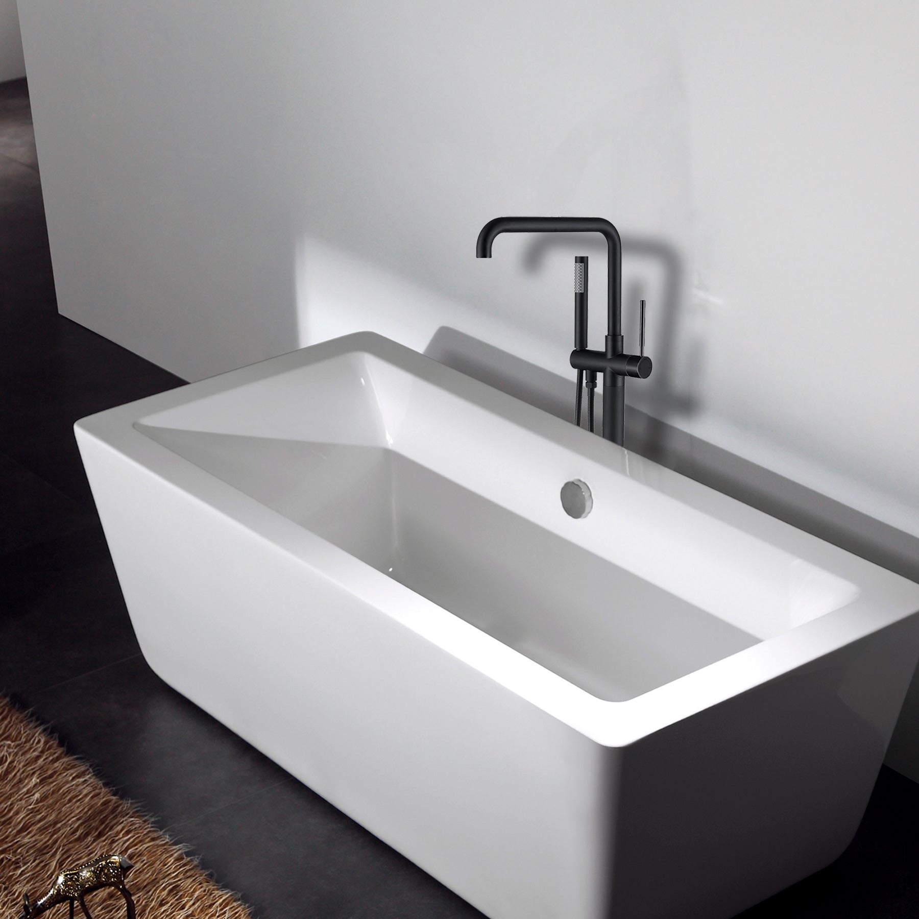 Freestanding Bathtub Faucet With Hand Shower One Matt Black Floor Mounted Bathroom Lever Handles 2 Hole Faucets Metal Manual