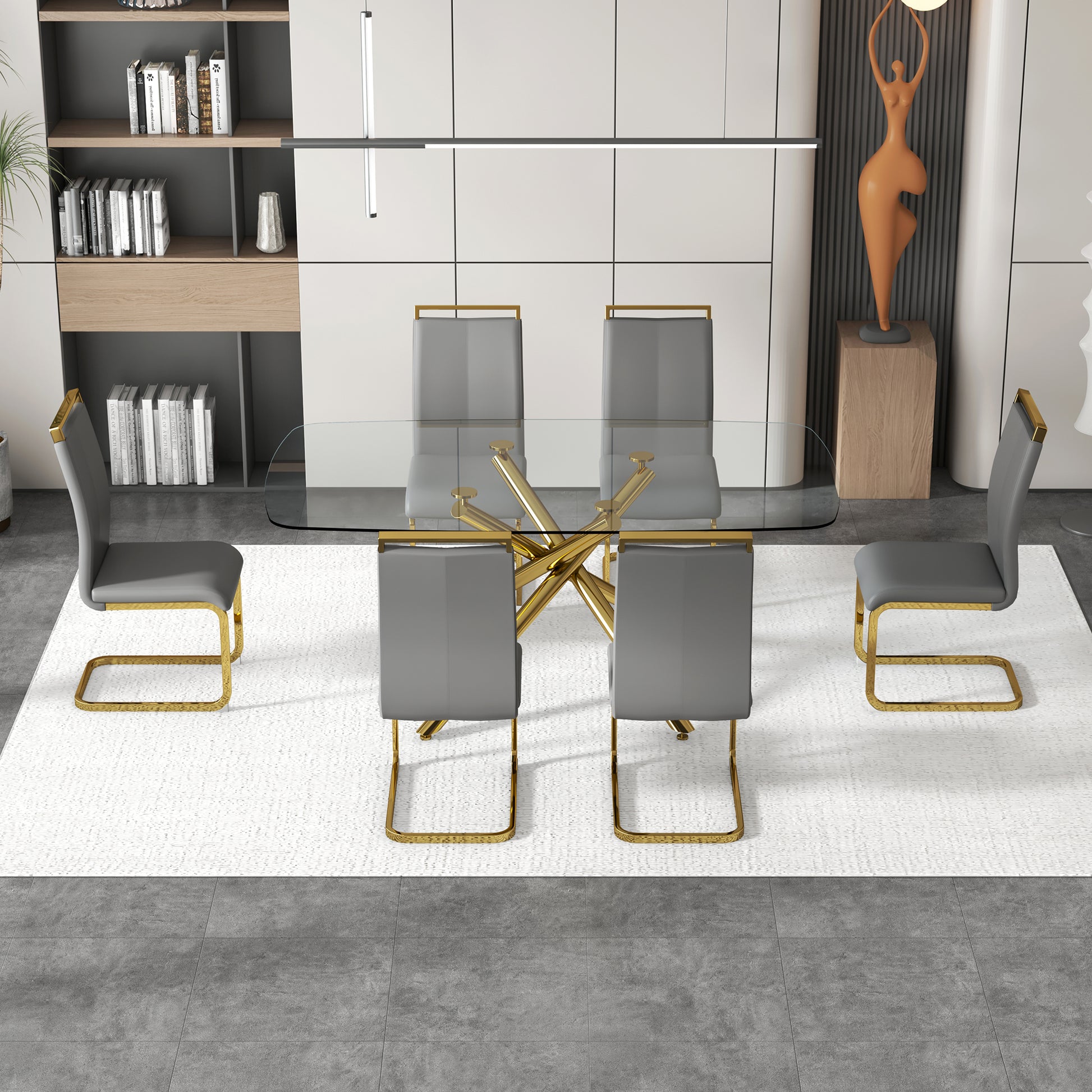 Large Modern Minimalist Rectangular Glass Dining Table For 6 8 With 0.39" Tempered Glass Tabletop And Golden Plated Metal Legs,For Kitchen Dining Living Meeting Room Banquet Hall 71'' X 39'' X30''1537 Golden Metal