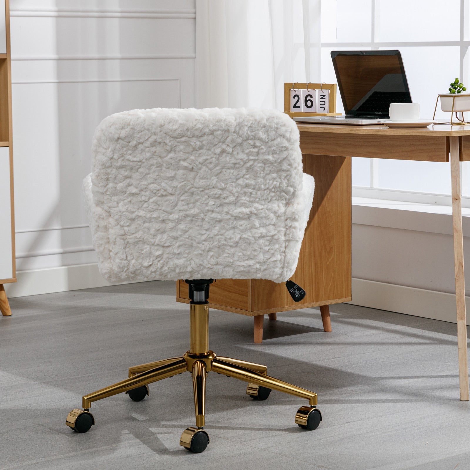 Office Chair,Artificial Rabbit Hair Home Office Chair With Golden Metal Base,Adjustable Desk Chair Swivel Office Chair,Vanity Chair Beige Beige Bedroom Foam Velvet