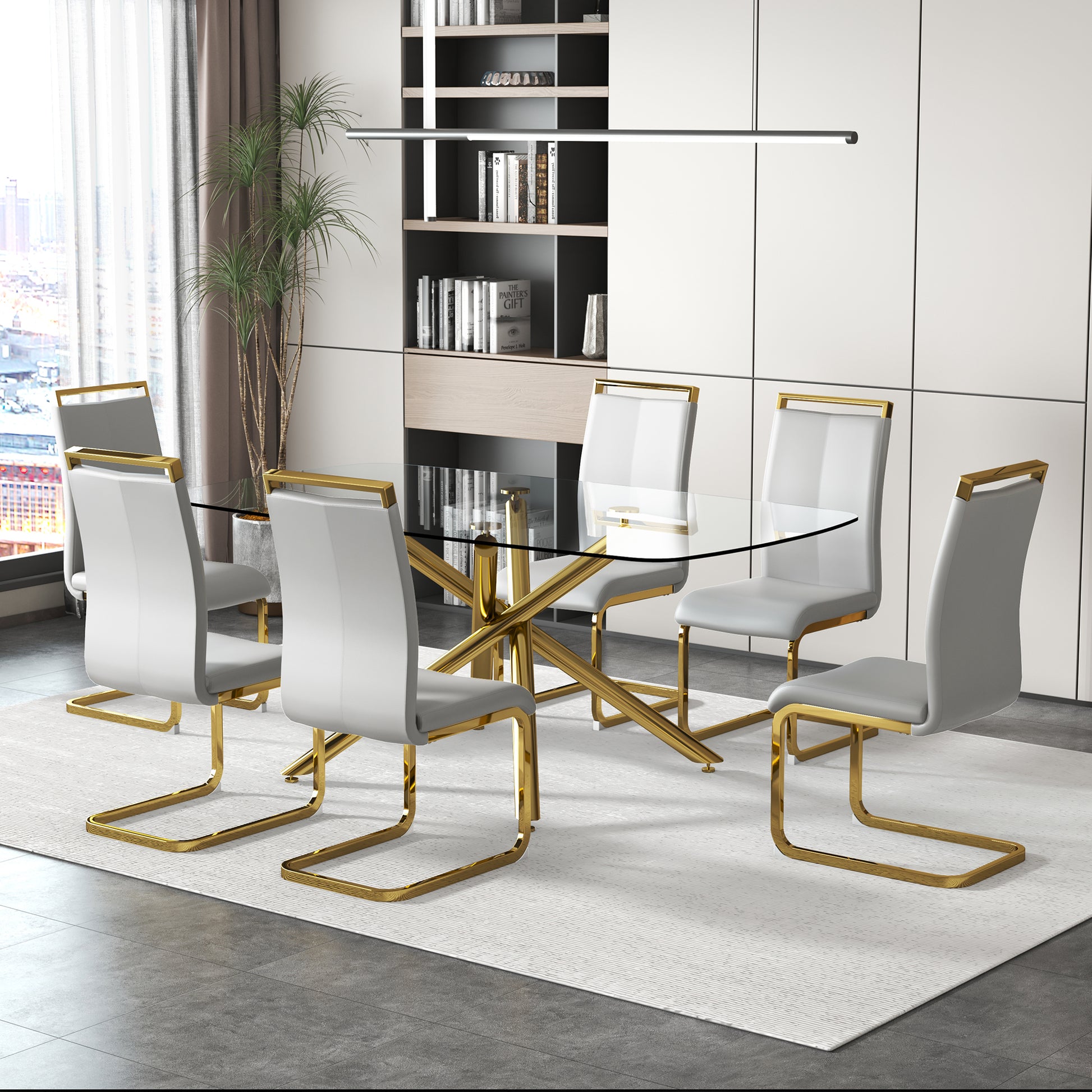 Large Modern Minimalist Rectangular Glass Dining Table For 6 8 With 0.39" Tempered Glass Tabletop And Golden Plated Metal Legs,For Kitchen Dining Living Meeting Room Banquet Hall 71'' X 39'' X30''1537 Golden Metal