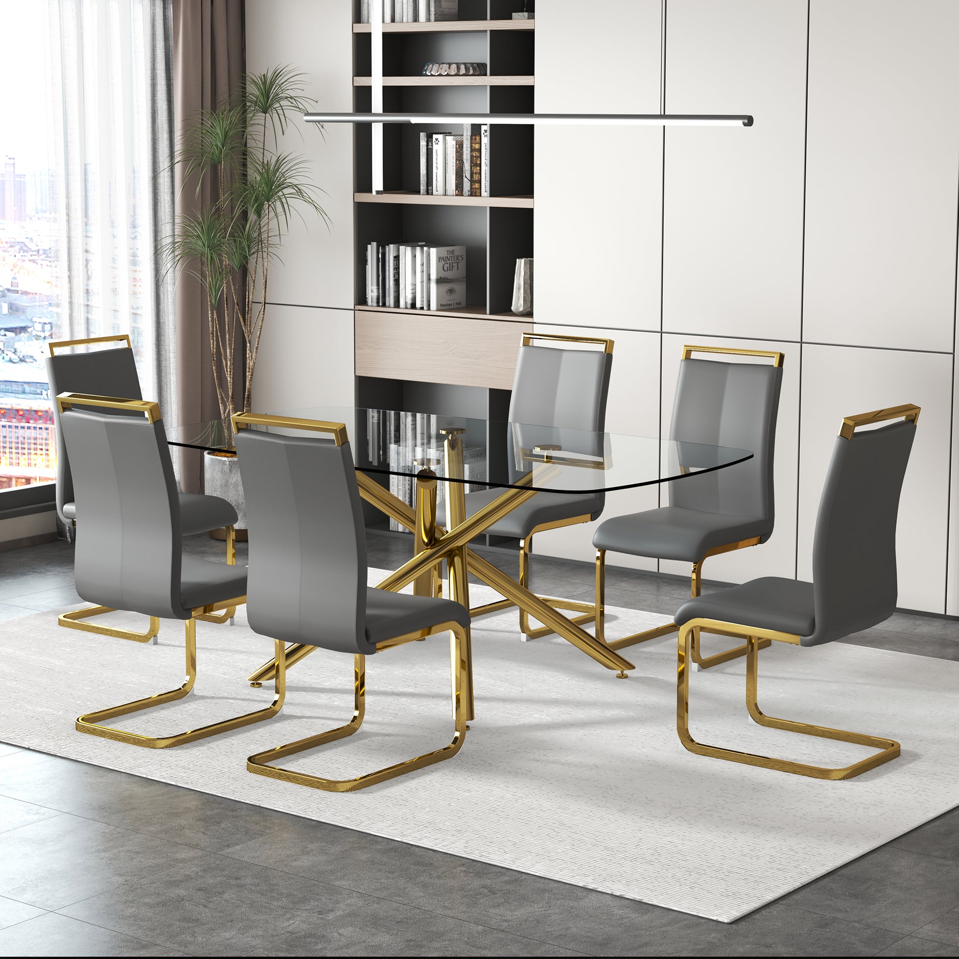Large Modern Minimalist Rectangular Glass Dining Table For 6 8 With 0.39" Tempered Glass Tabletop And Golden Plated Metal Legs,For Kitchen Dining Living Meeting Room Banquet Hall 71'' X 39'' X30''1537 Golden Metal