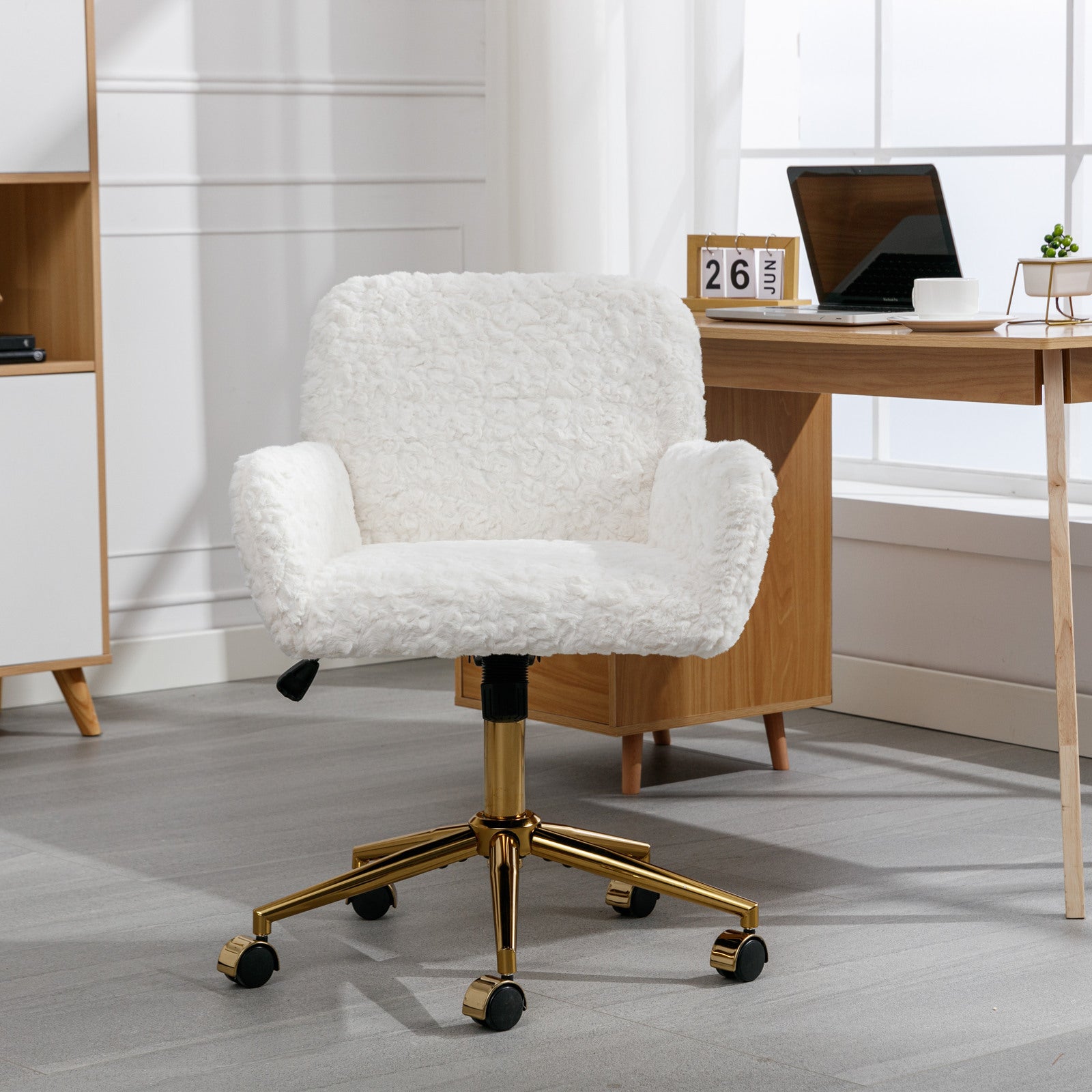 Office Chair,Artificial Rabbit Hair Home Office Chair With Golden Metal Base,Adjustable Desk Chair Swivel Office Chair,Vanity Chair Beige Beige Bedroom Foam Velvet