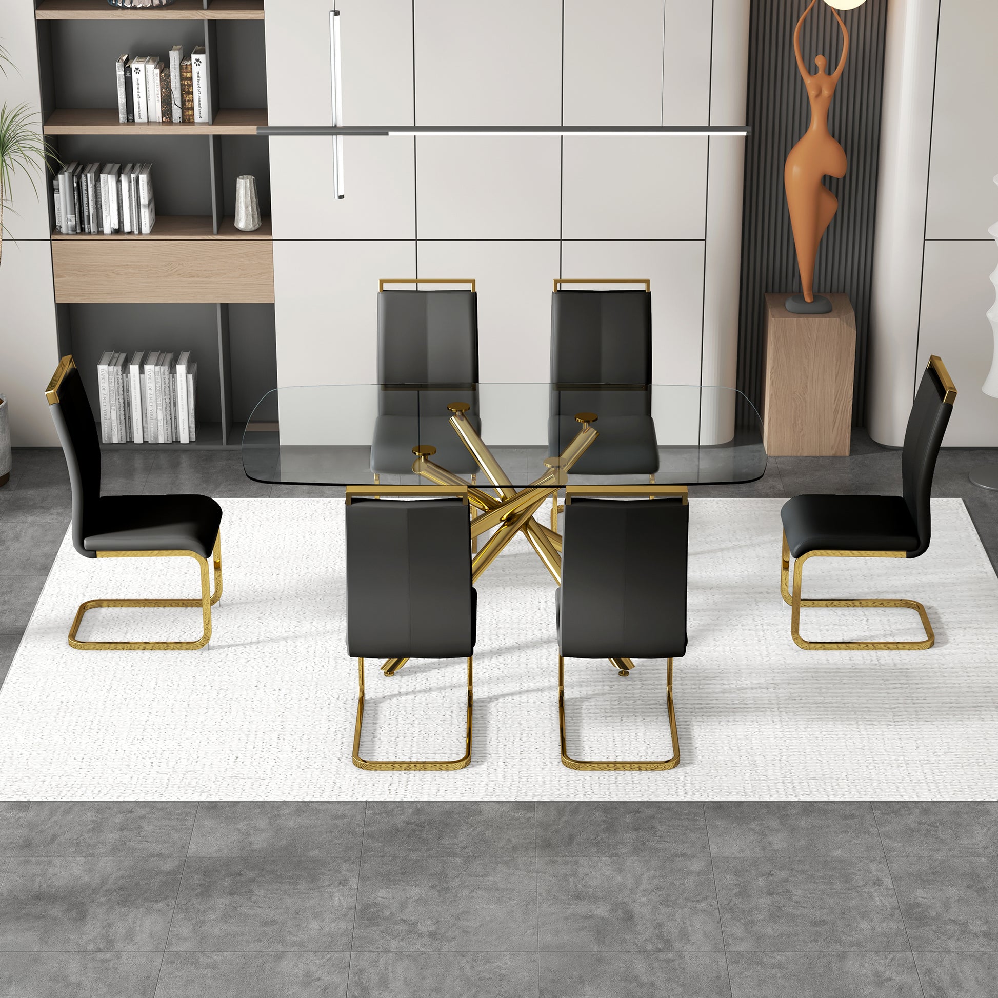 Large Modern Minimalist Rectangular Glass Dining Table With 0.39" Tempered Glass Top And Gilded Metal Legs For Kitchen, Dining Room, Living Room, Meeting Room, Ballroom 71" X 35.4" X 30". Golden Metal