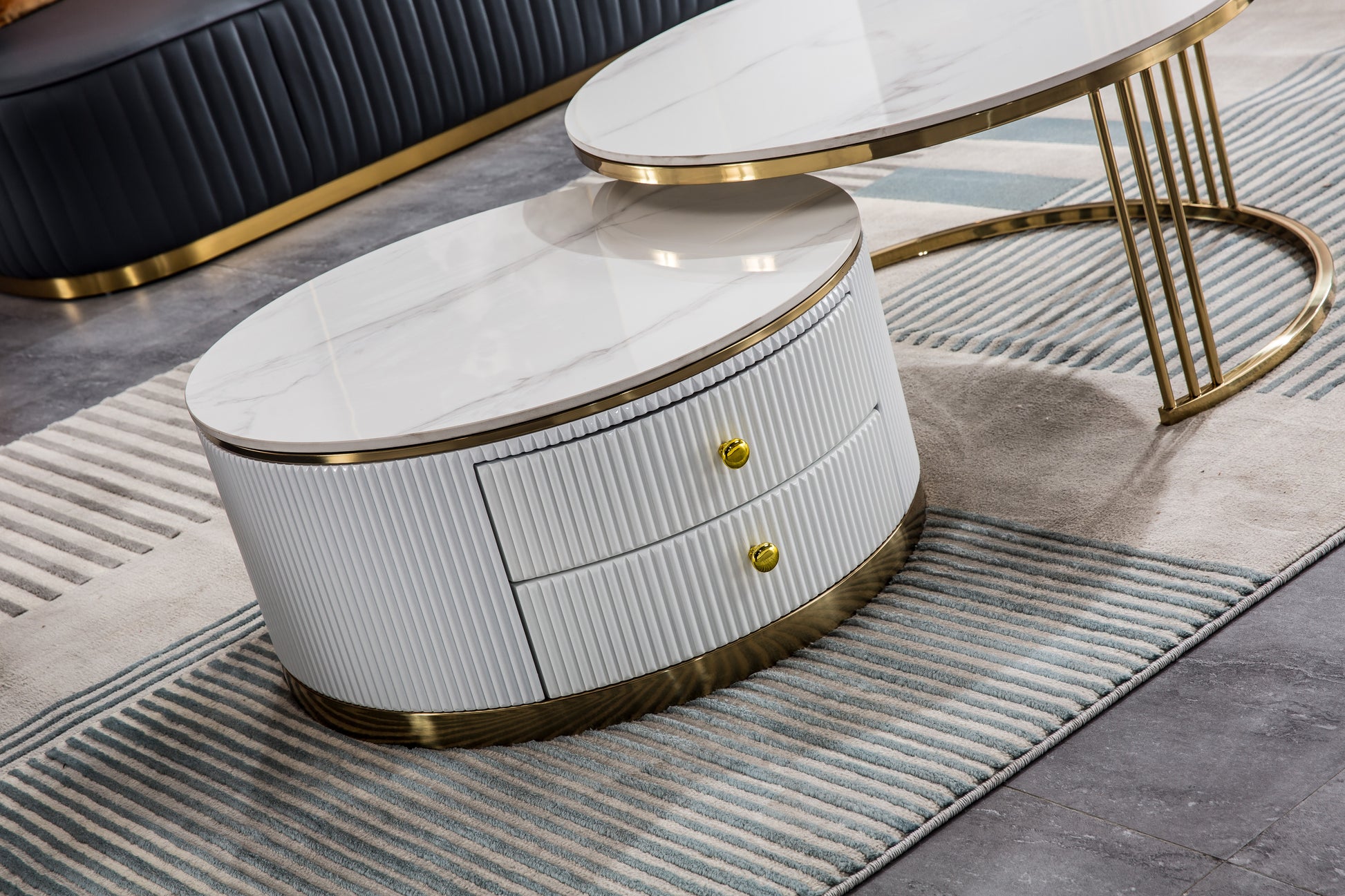 Modern Nesting Mdf Coffee Table Set Of 2, Round White End Table, Sintered Stone Appearance With Gold Finish Metal Base White Mdf
