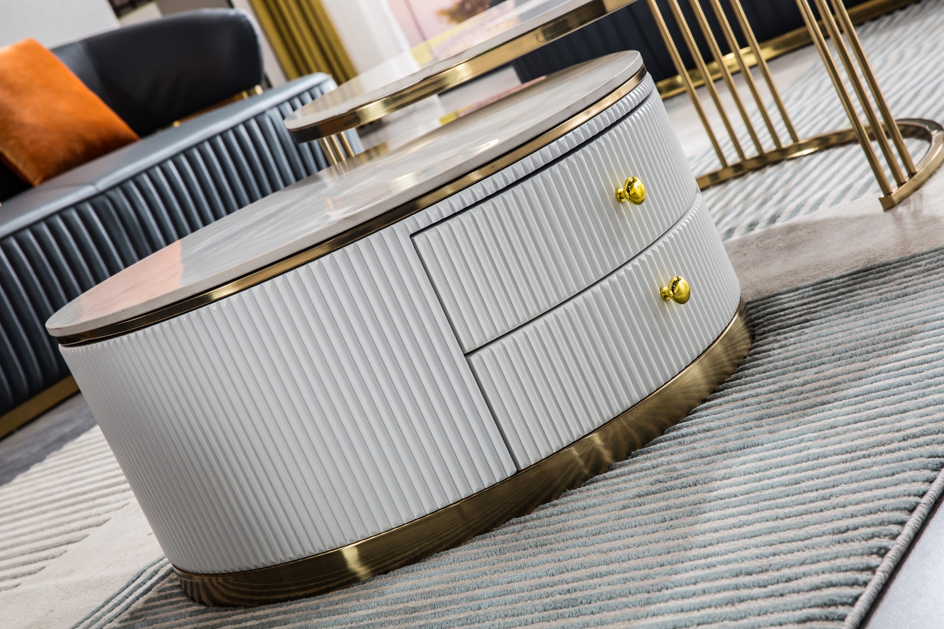 Modern Nesting Mdf Coffee Table Set Of 2, Round White End Table, Sintered Stone Appearance With Gold Finish Metal Base White Mdf