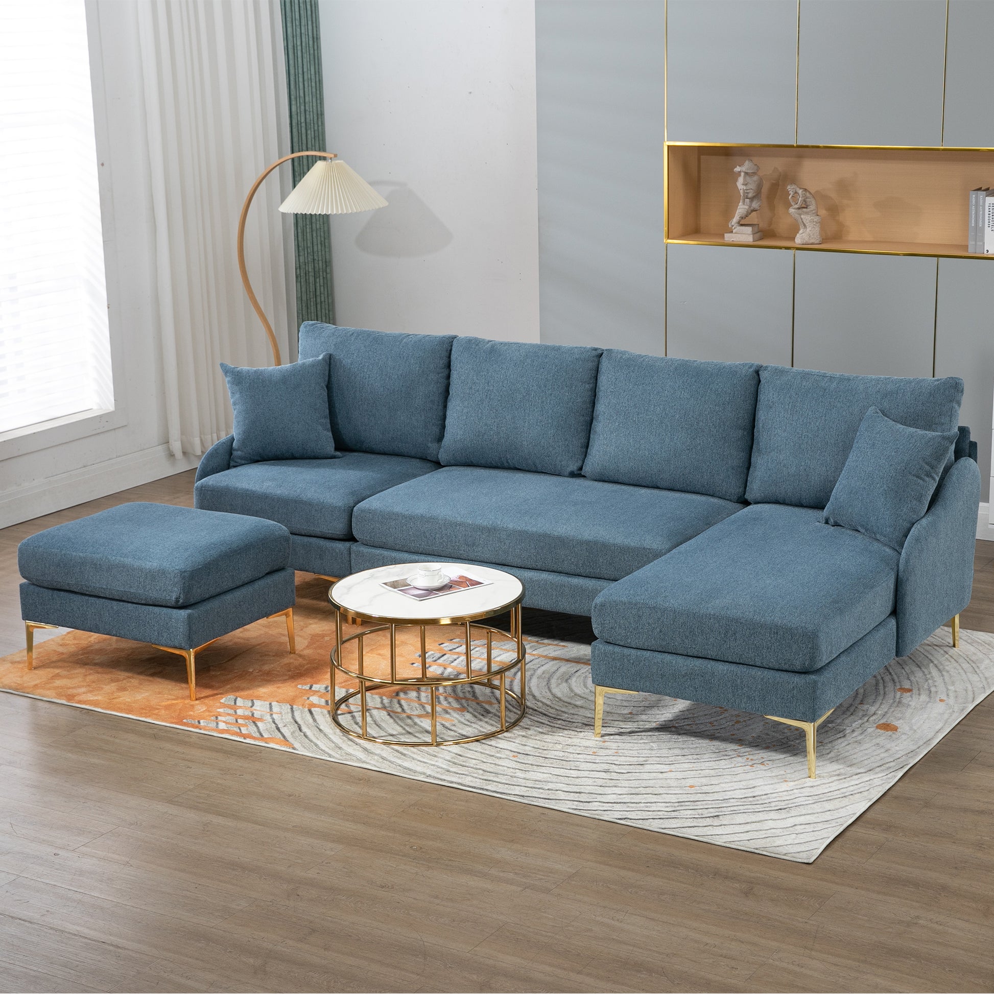 110'' Wide Reversible Left Or Right Chaise Of Sectional Sofa U Shape Convertible Sofa Couch 4 Seat Couch With Chaise Lounge Upholstered For Living Room, Apartment, Office, Blue Polyester Blend Blue Foam Polyester