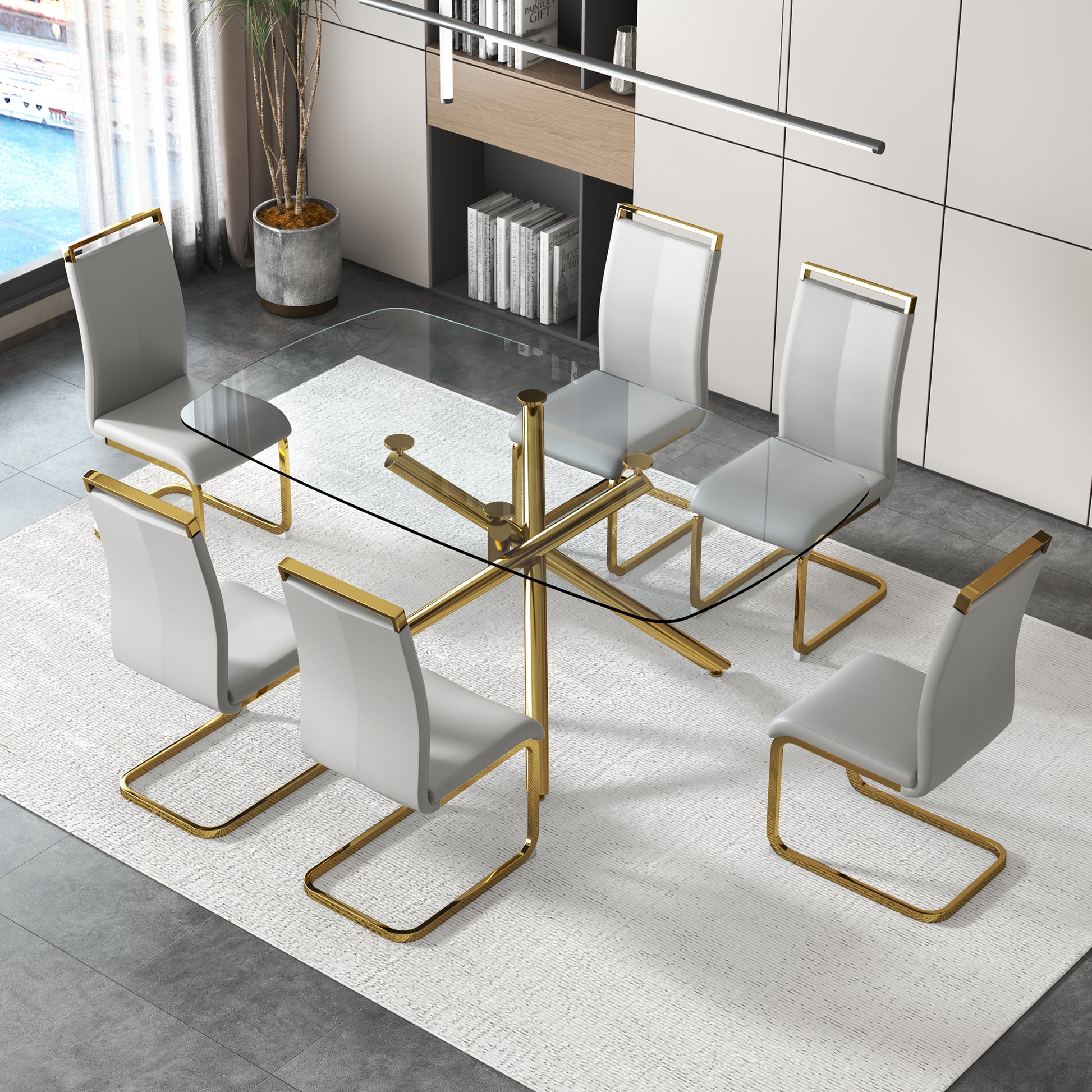 Large Modern Minimalist Rectangular Glass Dining Table With 0.39" Tempered Glass Top And Gilded Metal Legs For Kitchen, Dining Room, Living Room, Meeting Room, Ballroom 71" X 35.4" X 30". Golden Metal
