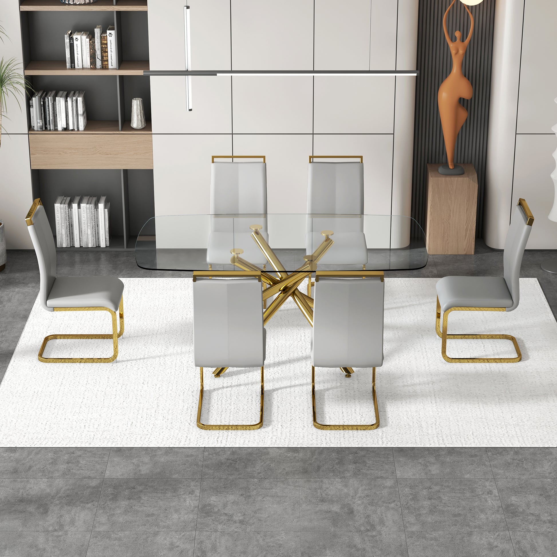 Large Modern Minimalist Rectangular Glass Dining Table With 0.39" Tempered Glass Top And Gilded Metal Legs For Kitchen, Dining Room, Living Room, Meeting Room, Ballroom 71" X 35.4" X 30". Golden Metal