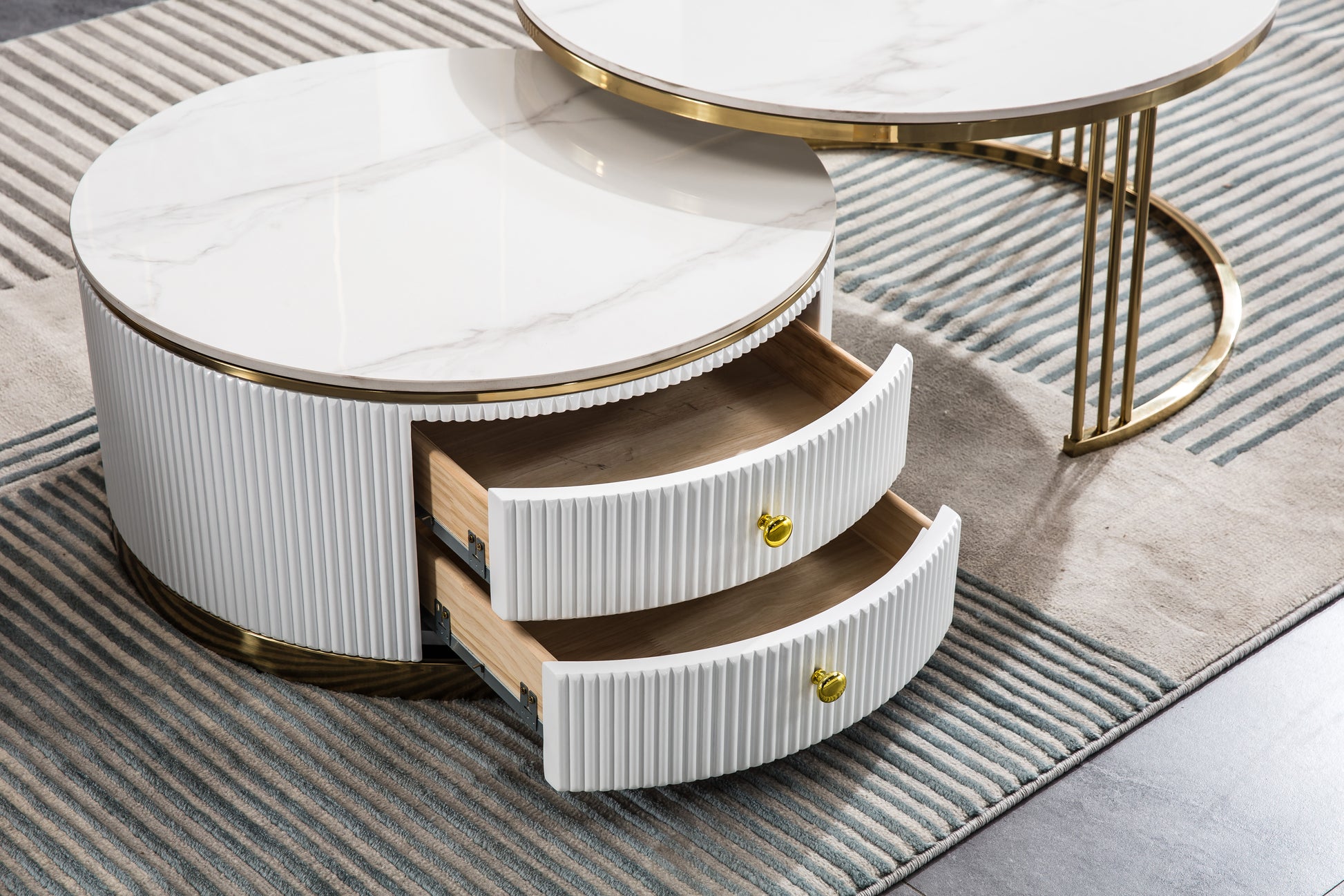 Modern Nesting Mdf Coffee Table Set Of 2, Round White End Table, Sintered Stone Appearance With Gold Finish Metal Base White Mdf
