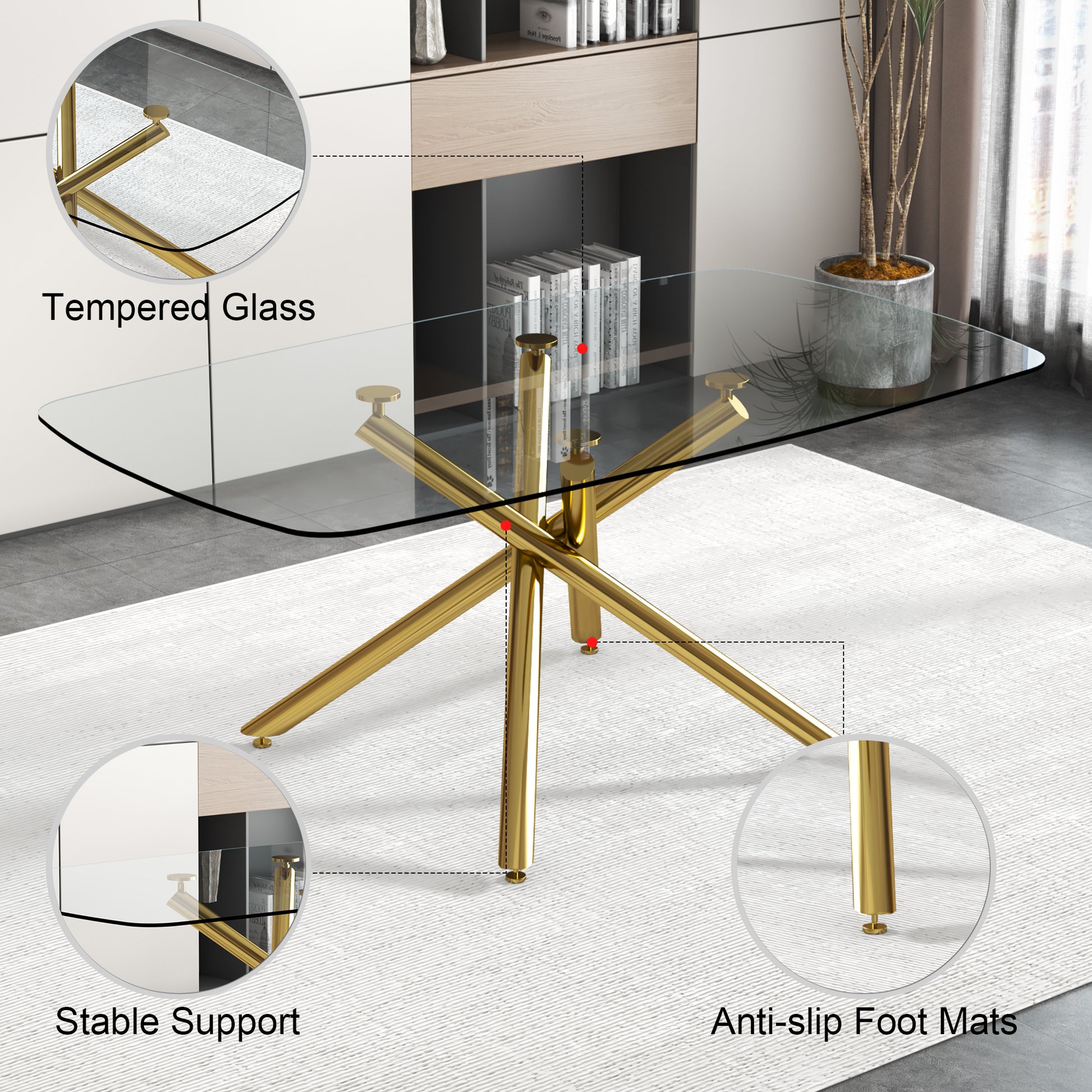 Large Modern Minimalist Rectangular Glass Dining Table For 6 8 With 0.39" Tempered Glass Tabletop And Golden Plated Metal Legs,For Kitchen Dining Living Meeting Room Banquet Hall 71'' X 39'' X30''1537 Golden Metal